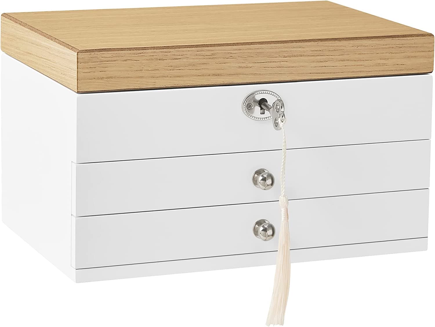 SONGMICS smyckeskrin, 3-delad smyckesförvaring med stor spegel, 2 lådor, låsbar, gåva till nära och kära, för ringar, örhängen, armband, halsband, vit och träkornsfärg JOW15WNV1