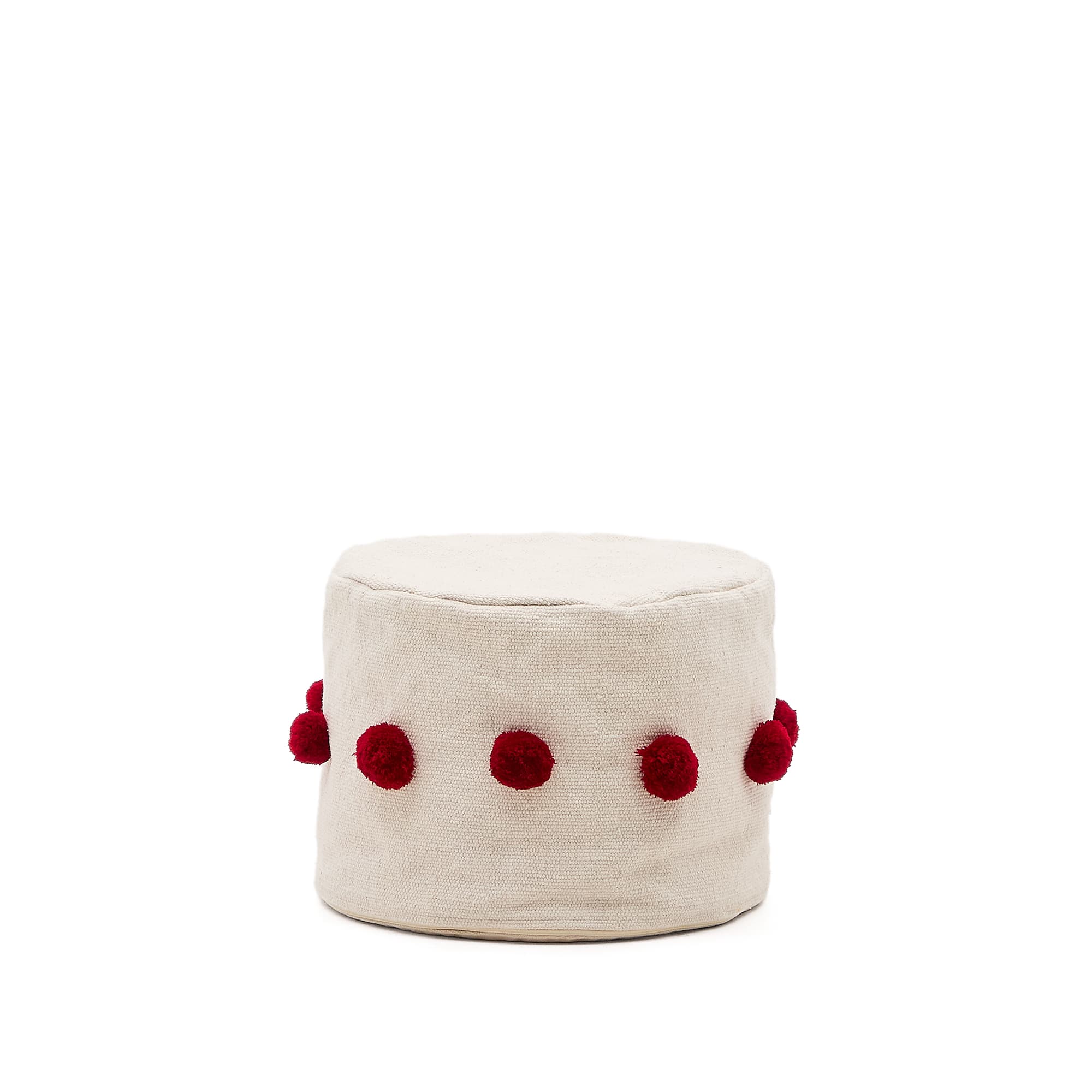 KAVE HOME Manua beige, bomullspuff med röda tofsar, Ø40 cm