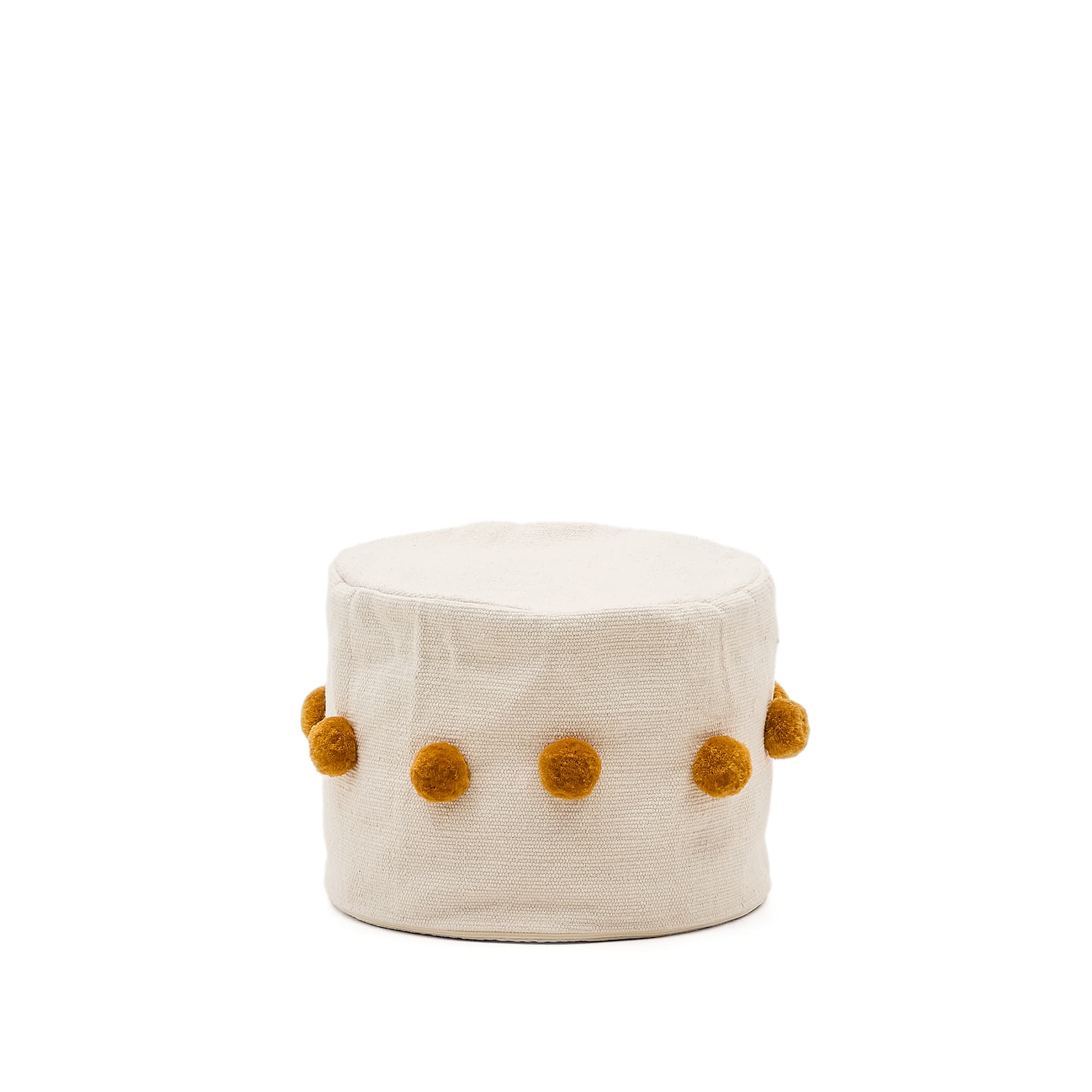 KAVE HOME Manua beige, bomullspuff med senapsfärgade tofsar, Ø40 cm
