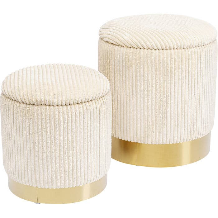 KARE DESIGN Plyschpall, med förvaringsutrymme, rund - kräm sammet och guldstål (set med 2)