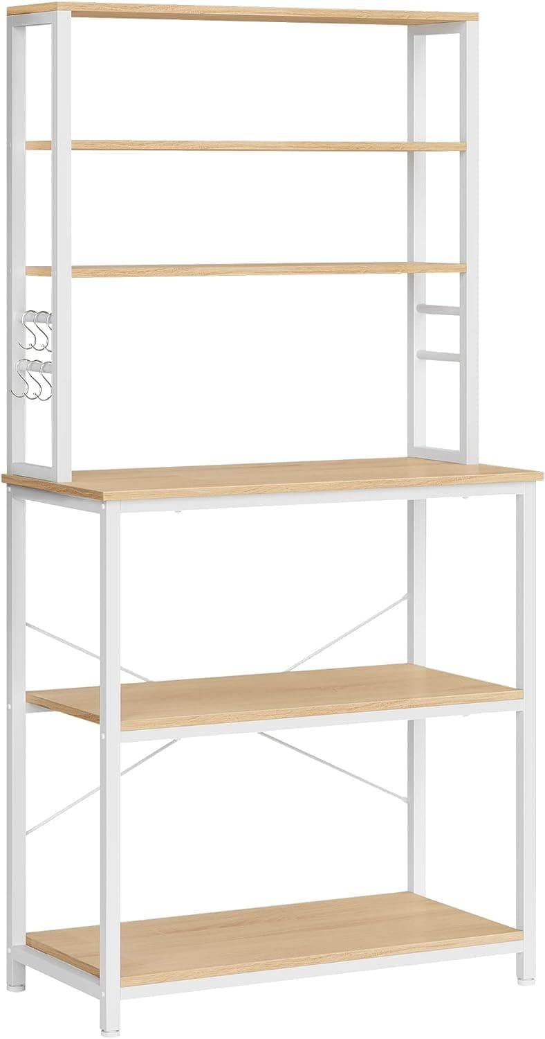 VASAGLE Kökshylla Mikrovågshylla 6 nivåer 6 hyllor och 6 krokar Mikrovågsugn Stålram Industriell design 40 x 80 x 167 cm Ek Vit KKS019W09