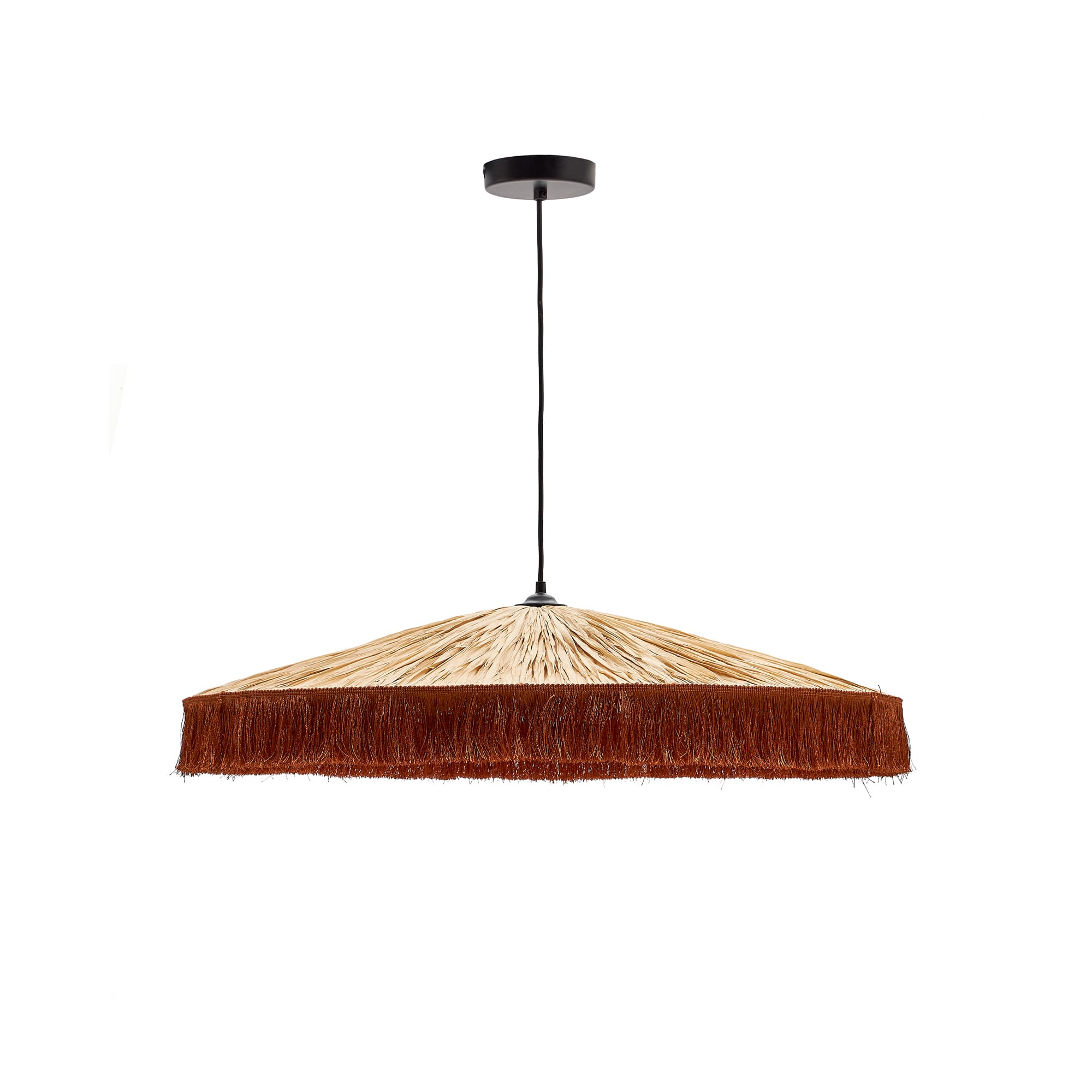 KAVE HOME Pollensa taklampa i naturlig raffia och terrakotta fransar, Ø: 75 cm