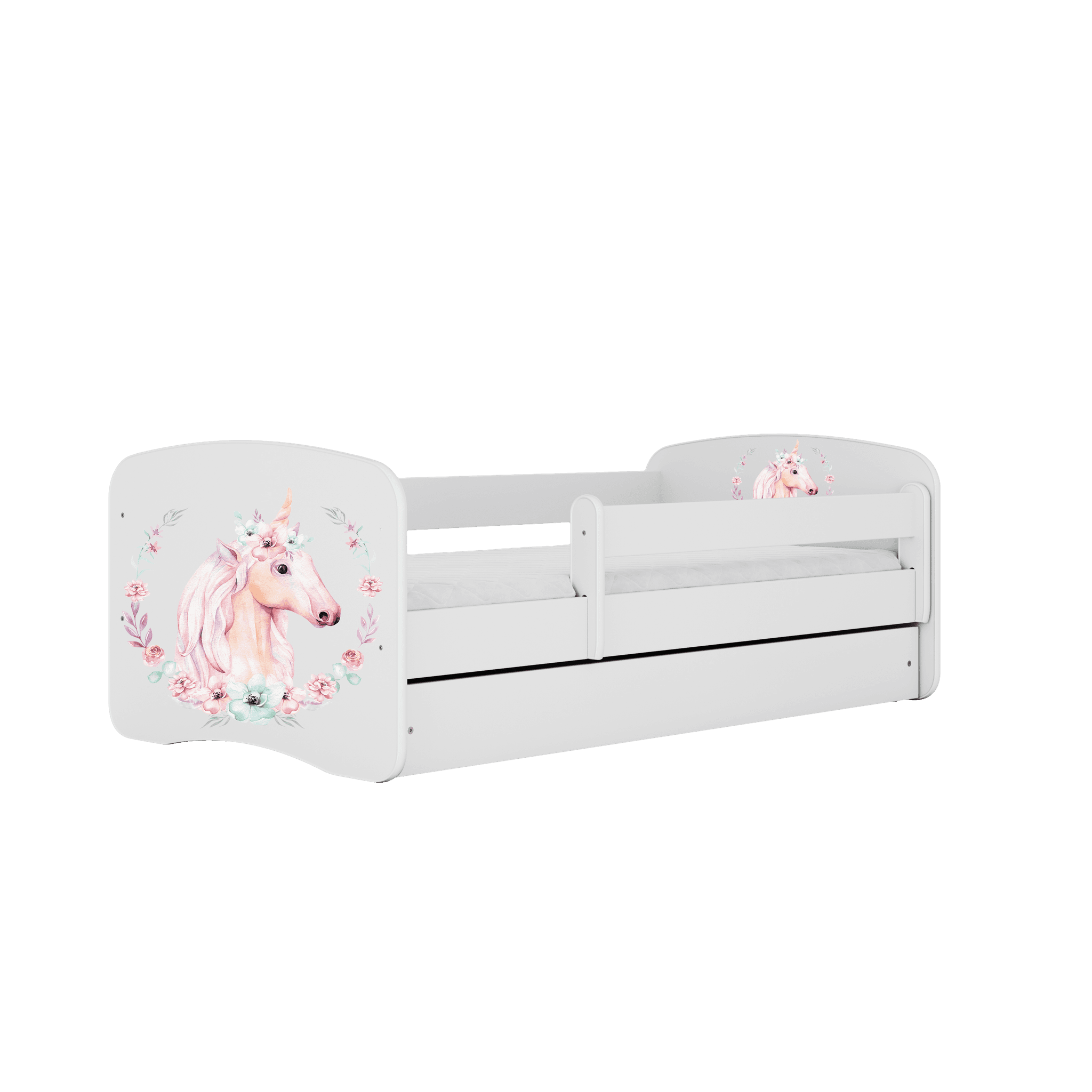 Babydreams juniorsäng med häst, med madrass, stödbräda och låda - vit laminat (140x70)
