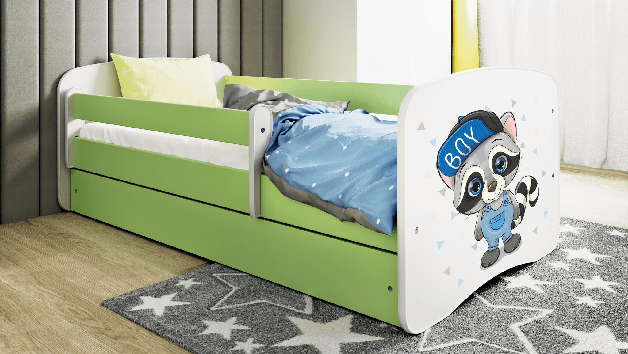 Babydreams juniorsäng med tvättbjörn, med madrass, stödbräda och låda - vitt och grönt laminat (140x70)