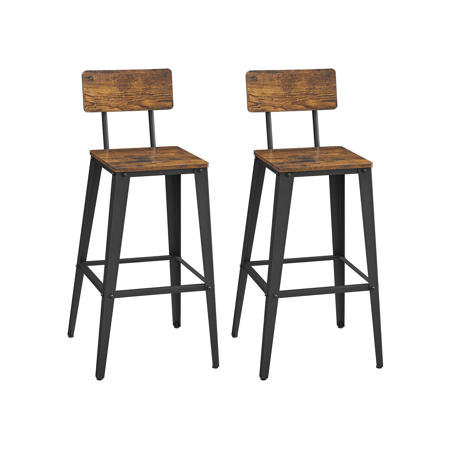 VASAGLE LBC078B01 Set med 2 barstolar, köksstolar med ryggstöd, stålram, enkel montering, industriell design, vintage brun/svart