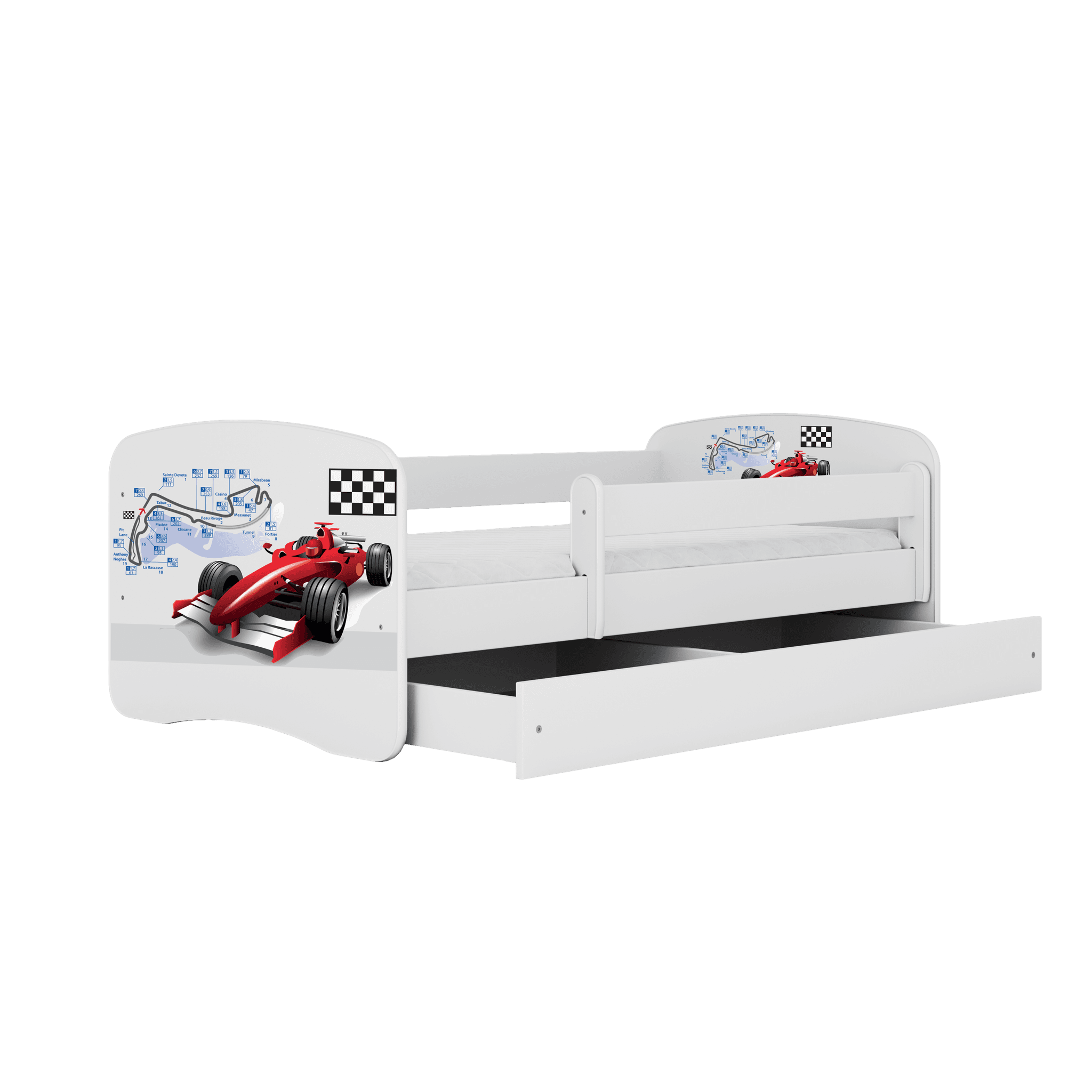 Babydreams juniorsäng med racerbil, med madrass, stödbräda och låda - vit laminat (140x70)