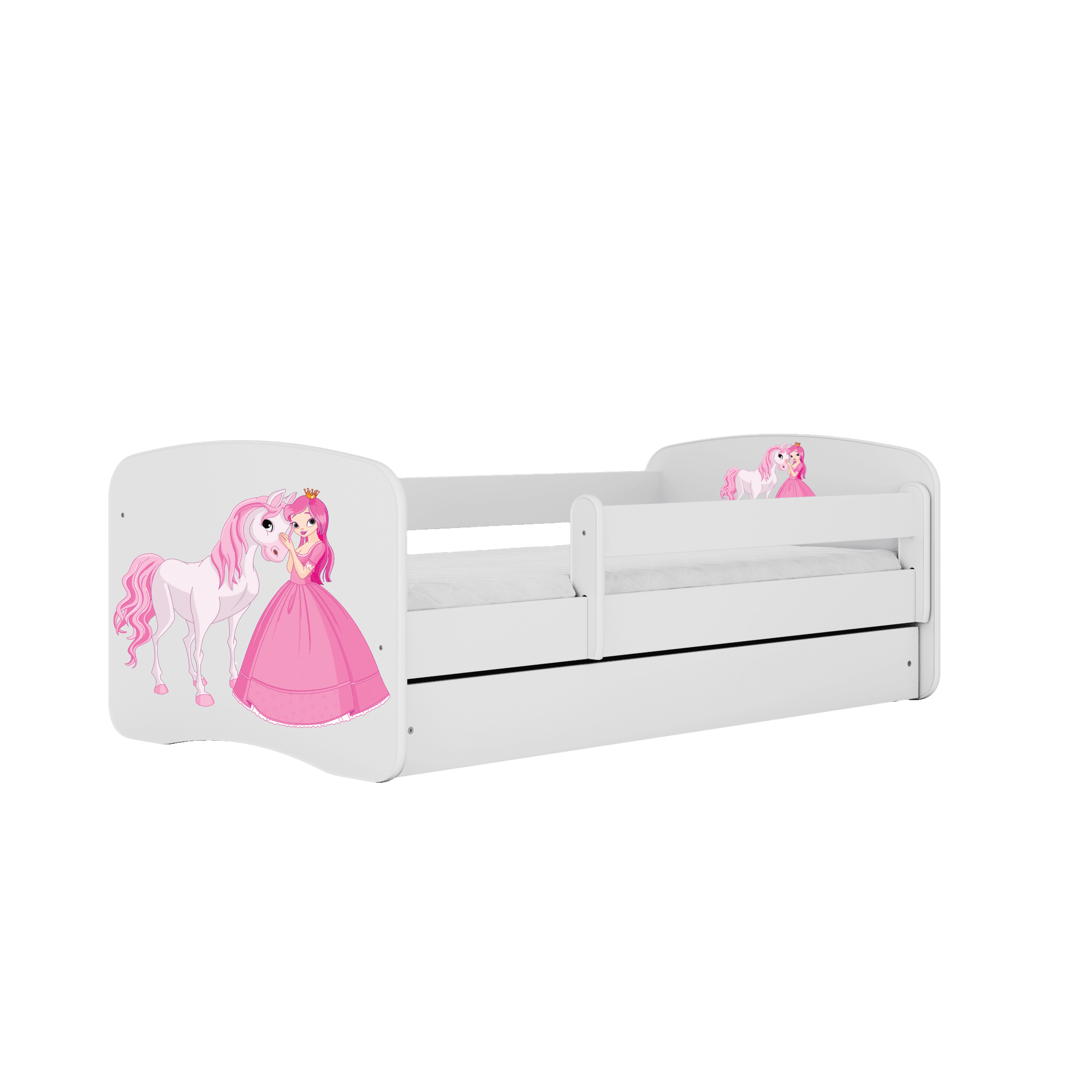Babydreams juniorsäng med prinsessa och häst, med madrass, stödbräda och låda - vit laminat (180x80)