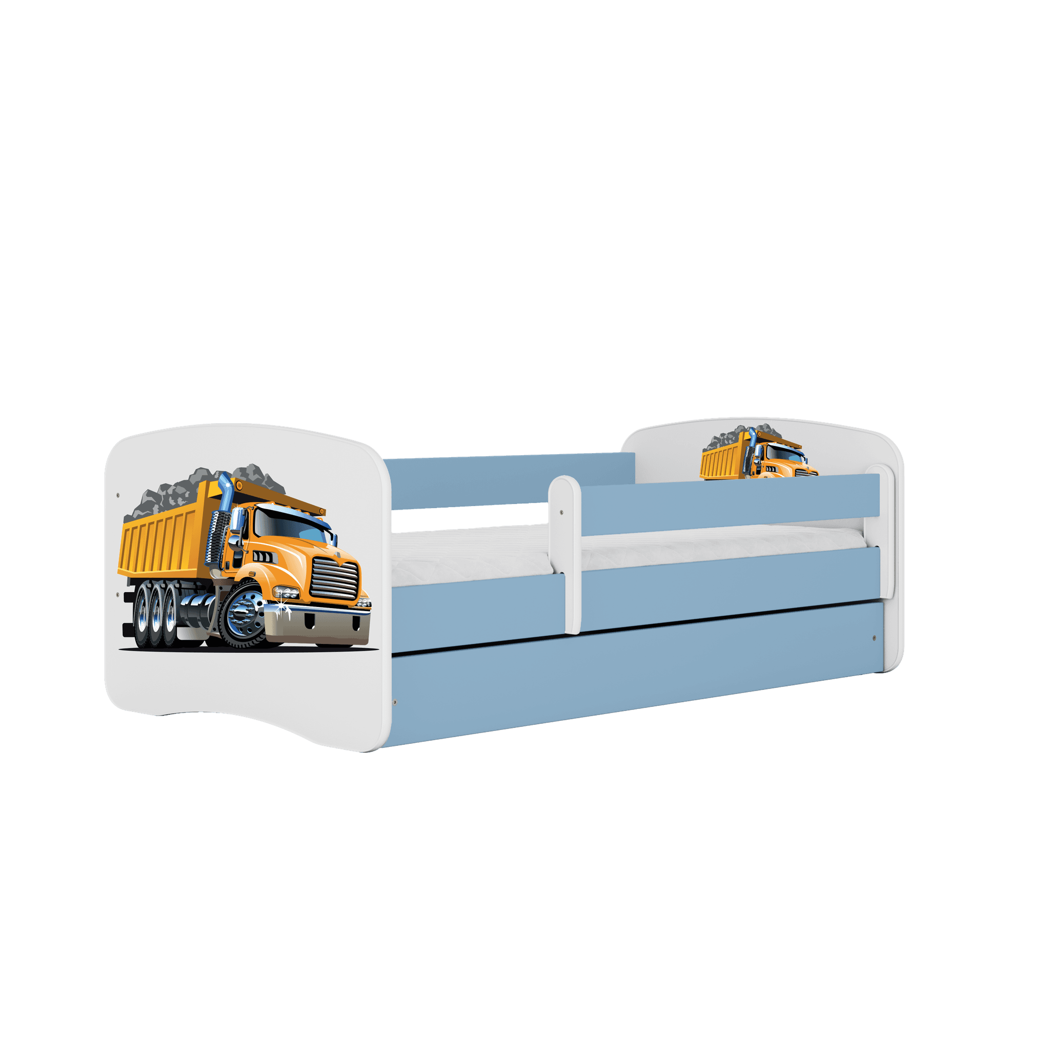 Babydreams juniorsäng med lastbil, med madrass, stödbräda, låda - vit och blå laminat (180x80)