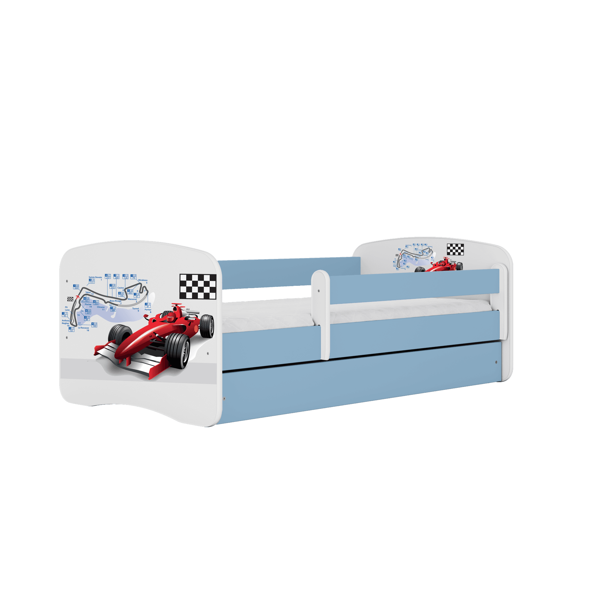 Babydreams juniorsäng med racerbil, med madrass, stödbräda, låda - vit och blå laminat (180x80)