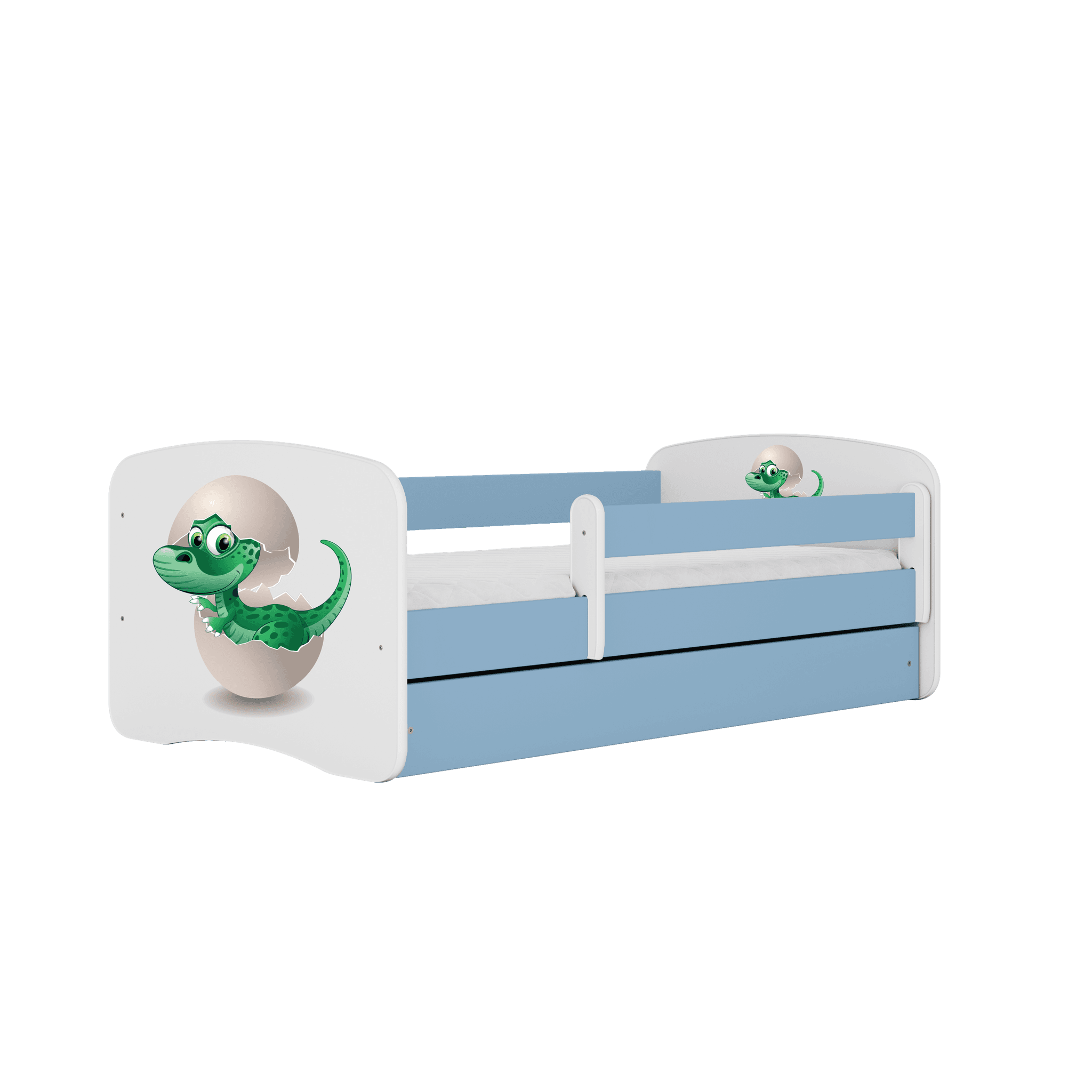Babydreams juniorsäng med liten dinosaurie, med madrass, stödbräda, låda - vit och blå laminat (140x70)