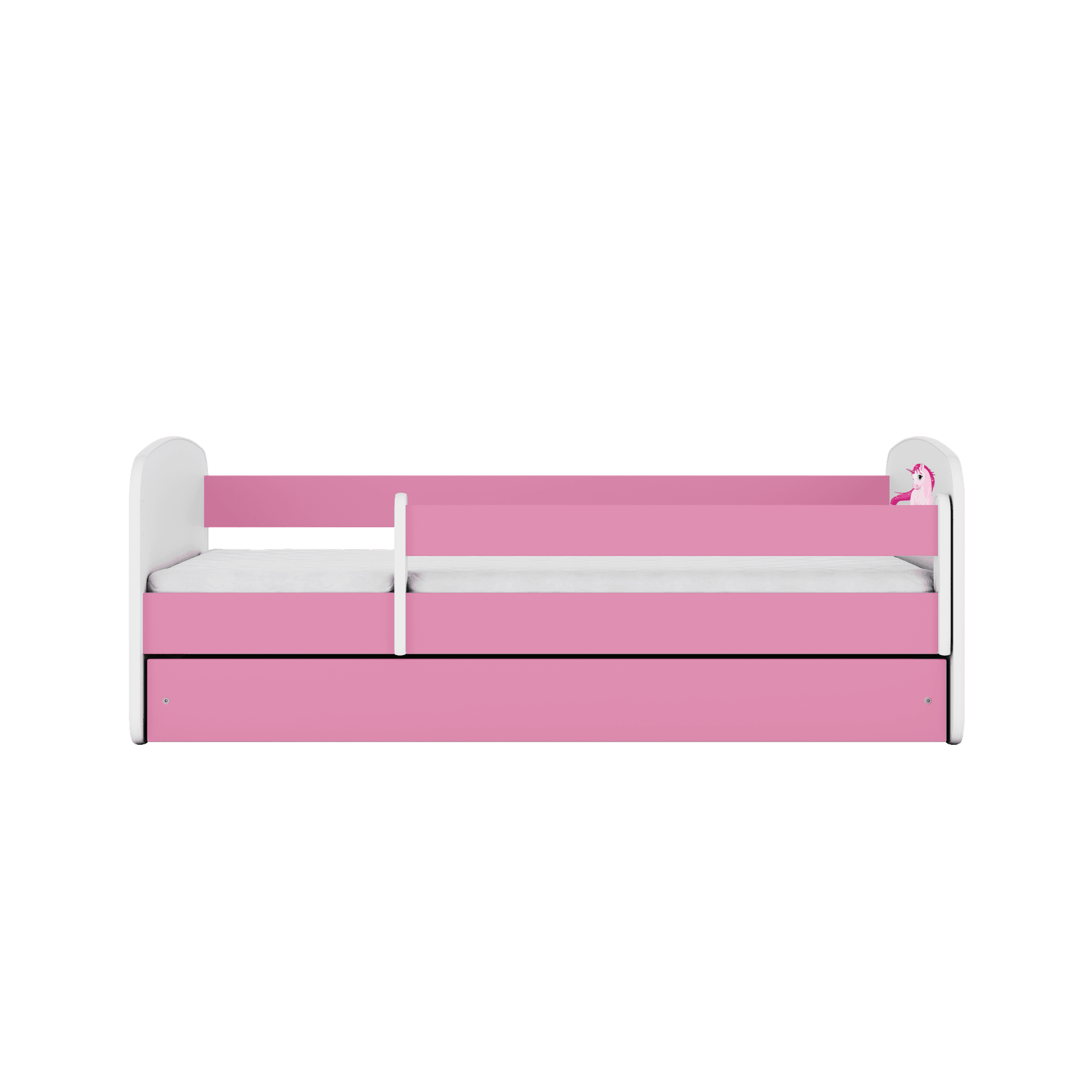 Babydreams juniorsäng med enhörning, med madrass, stödbräda, låda - vit och rosa laminat (160x80)
