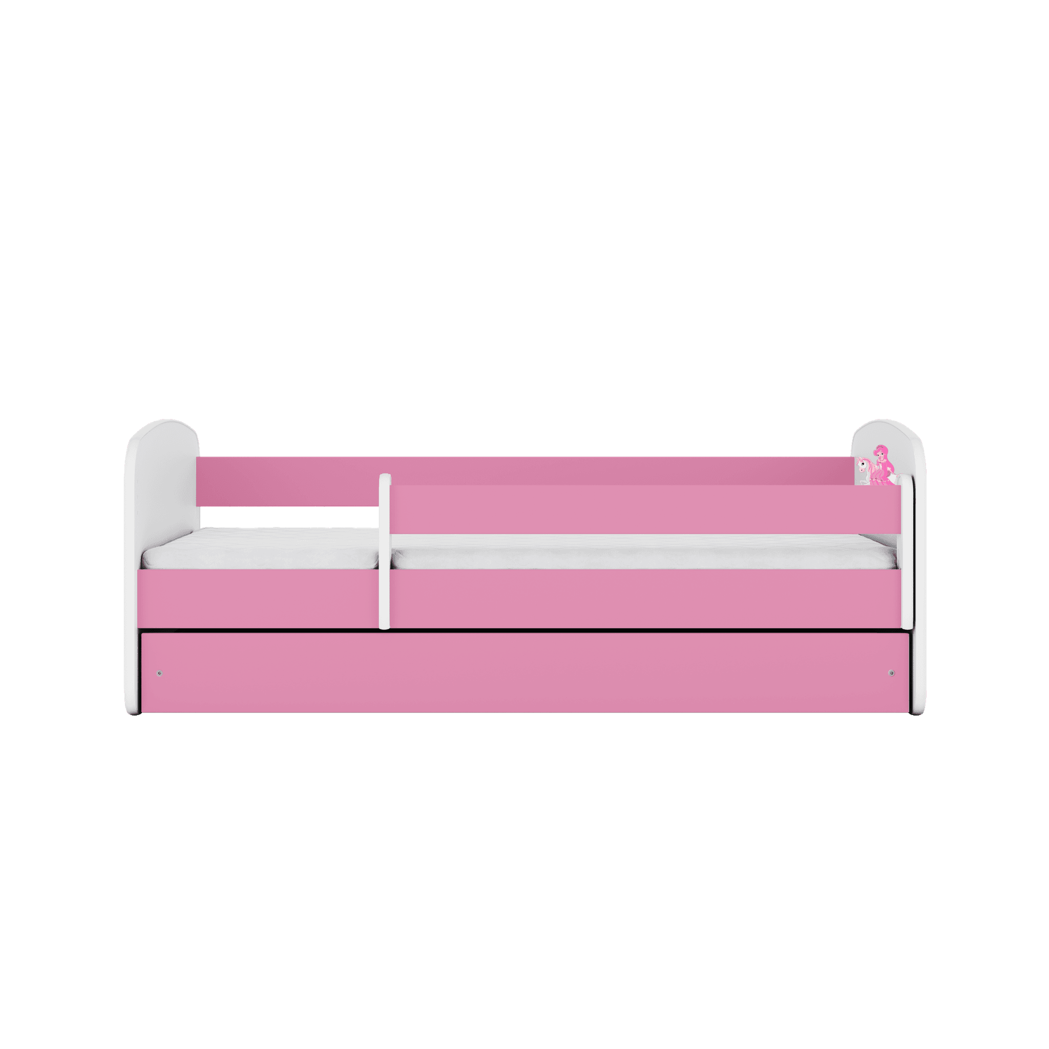 Babydreams juniorsäng prinsessa på häst, med madrass, stödbräda, låda - vit/rosa laminat (180x80)