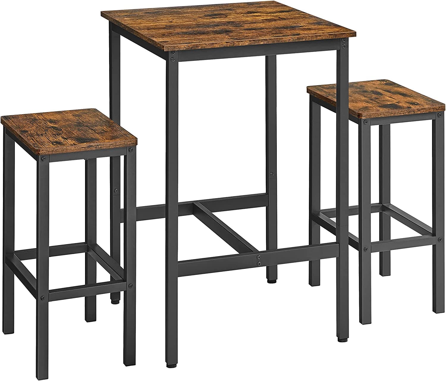 VASAGLE barbord med barstolar, matbord med 2 stolar, litet köksbord 60 x 60 x 90 cm, barstolar 30 x 40 x 65 cm, för matsal, kök, industridesign, vintage brun/svart LBT017B01