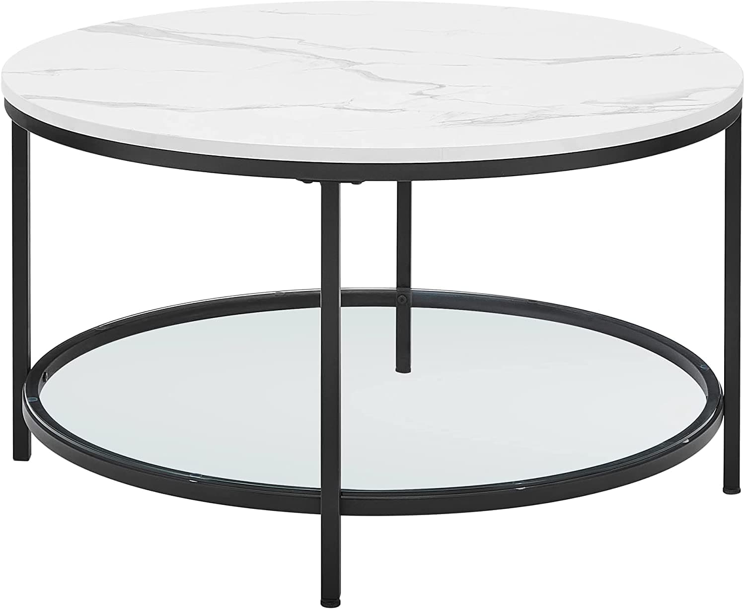 VASAGLE LCT071B13 Soffbord, vardagsrumsbord, soffbord, med glasskiva, stort förvaringsutrymme, enkel montering, modern stil, vit marmoreffekt, svart ram