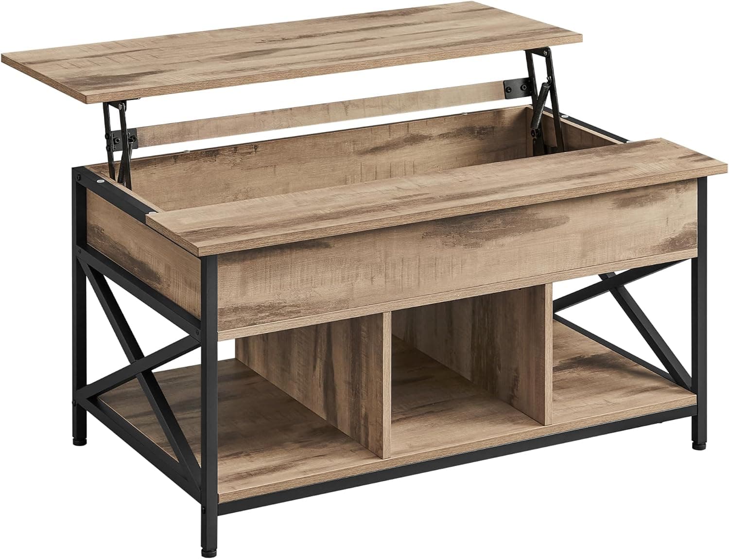 VASAGLE Soffbord, höjdjusterbart vardagsrumsbord, soffbord, öppen och dold förvaring, X-stöd, 60 x 100 x (48-62) cm, kamelbrun/svart LCT205K50