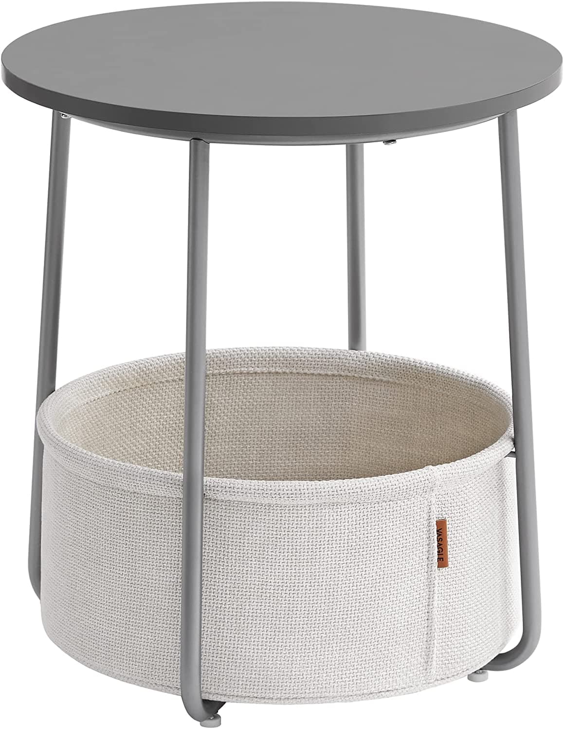 VASAGLE Litet runt soffbord, sidobord med tygkorg, förvaring, för vardagsrum, sovrum, nattduksbord, modern stil, cementgrå och molnvit LET223G49
