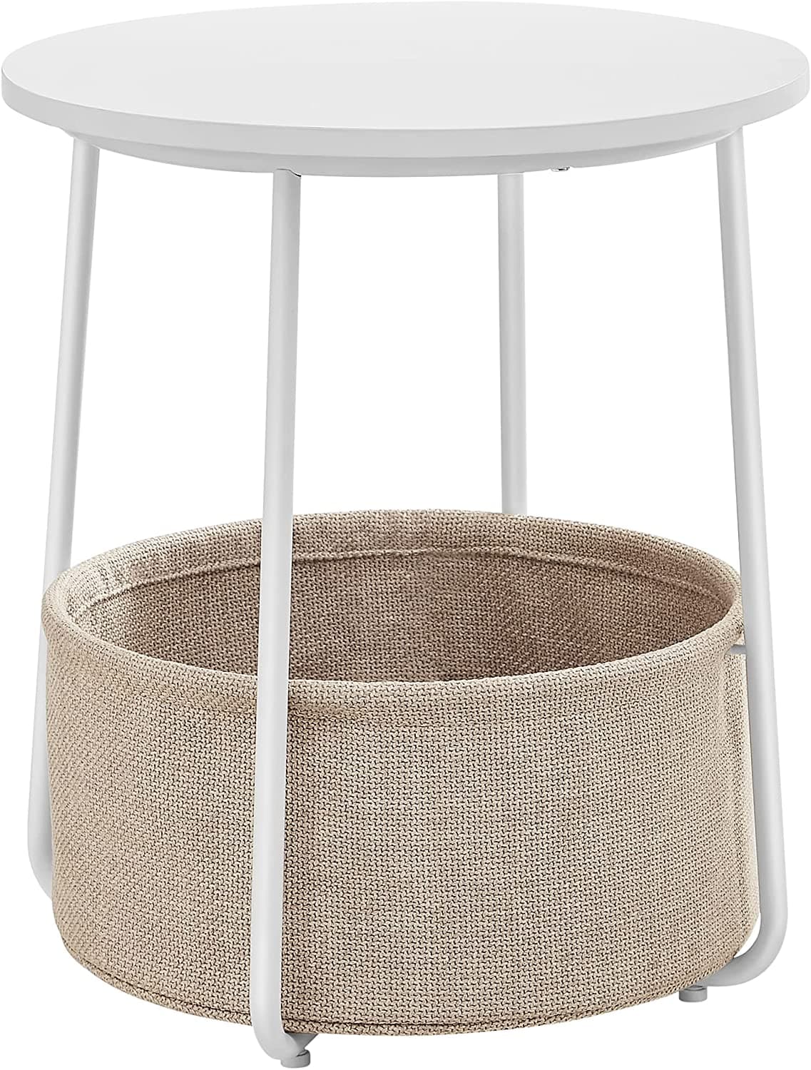 VASAGLE sidobord, runt sidobord med tygkorg, rymligt, för vardagsrum sovrum, nattduksbord, modern stil, vit och beige LET223W10