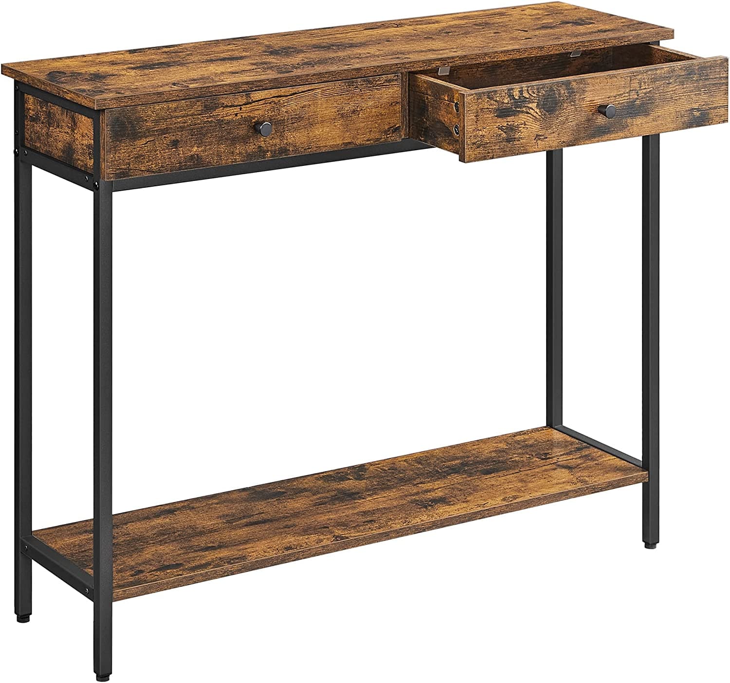 VASAGLE Konsolbord, hallbord, sidobord, soffbord med 2 lådor, stålram, hall, vardagsrum, industriell design, vintagebrun/svart LNT015B01