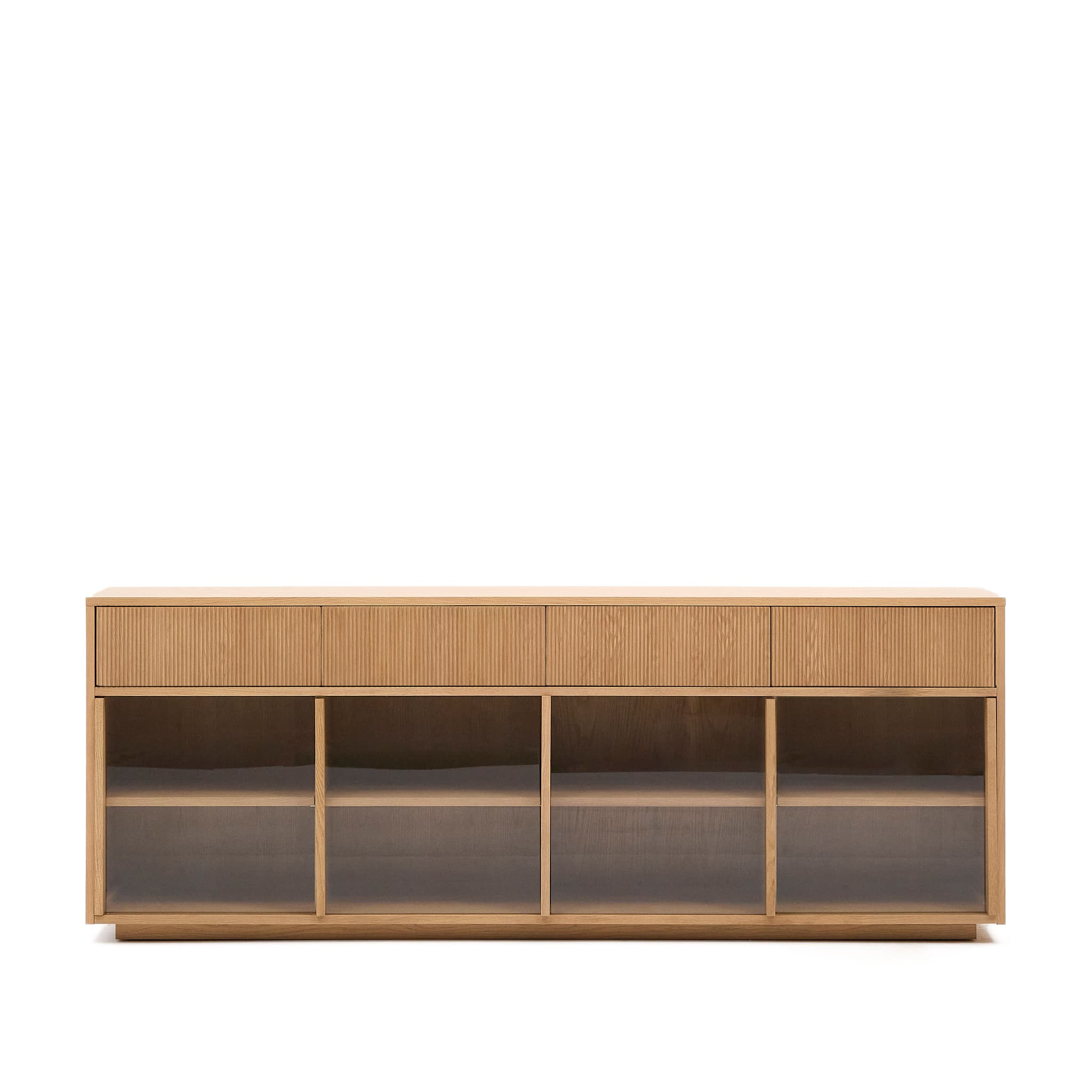 KAVE HOME Helvine skänk, m. 4 skjutdörrar och 4 lådor - härdat glas och naturlig ekfanér