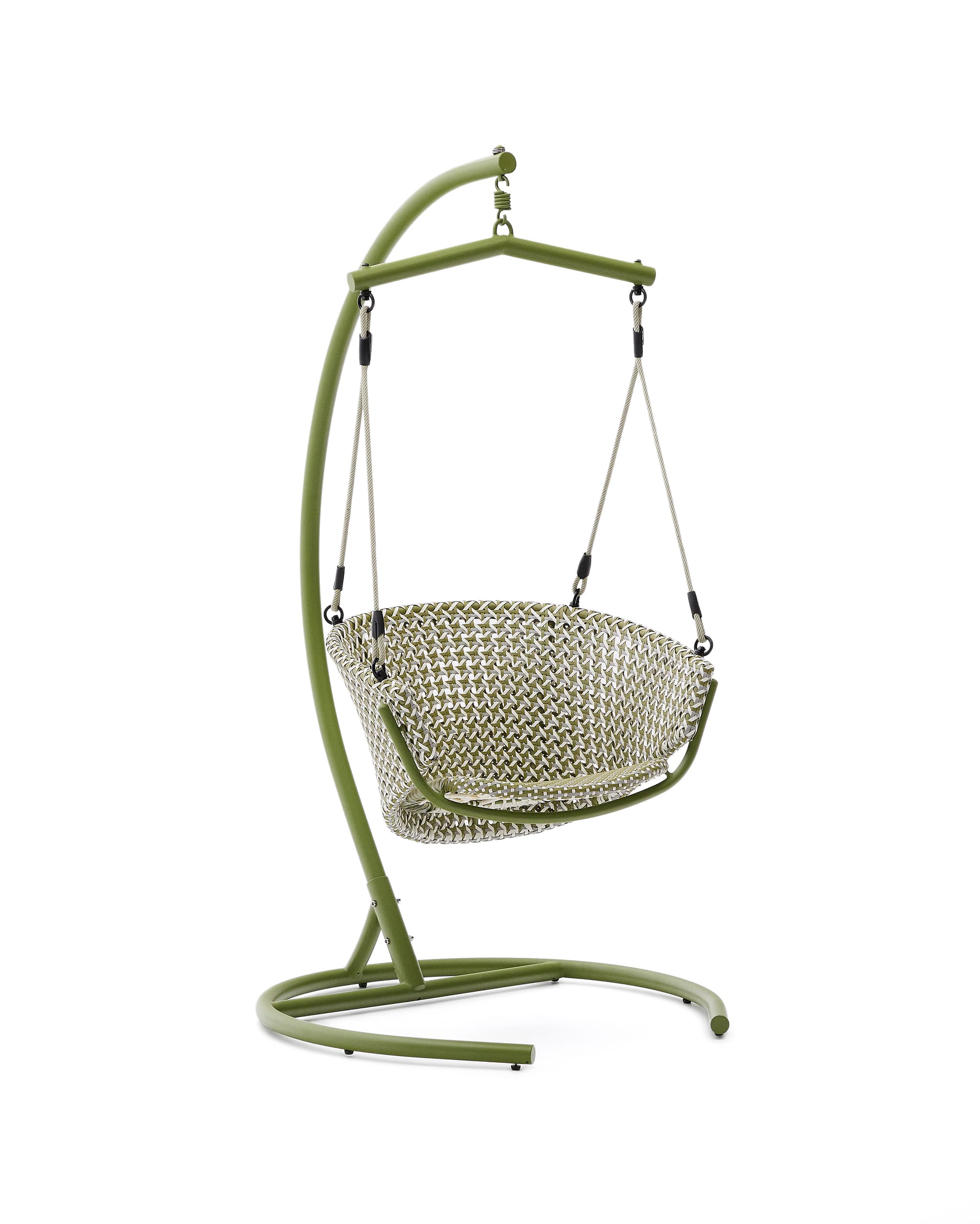 KAVE HOME Saliga grön hängande fåtölj med aluminiumbas och konstrotting