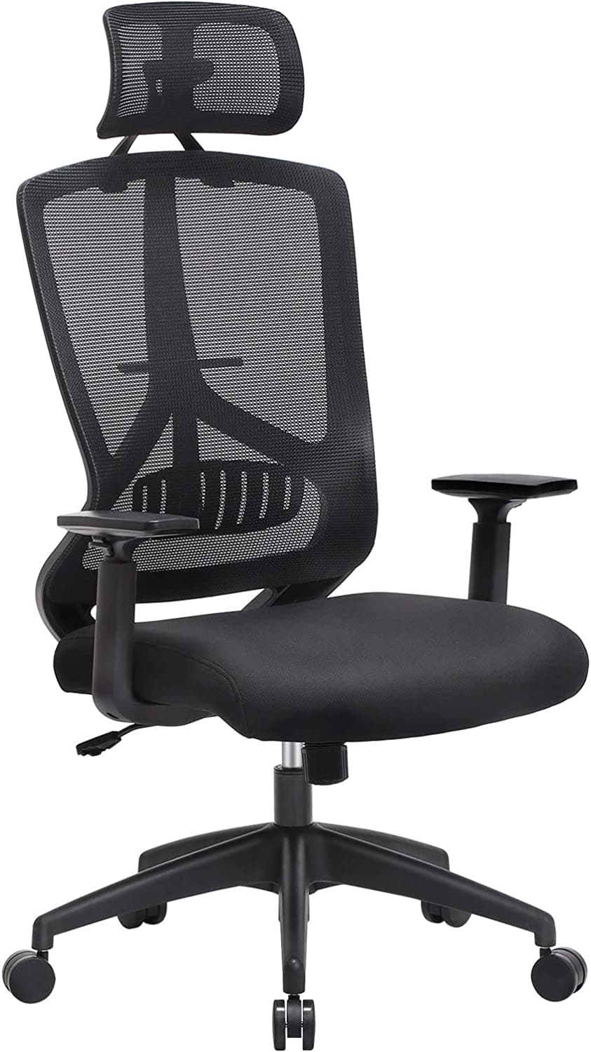 SONGMICS Ergonomisk kontors- och skrivbordsstol med svankstöd, svängbar datorstol med justerbart nackstöd och armstöd, lutningsfunktion och höjdjustering, svart OBN53BK