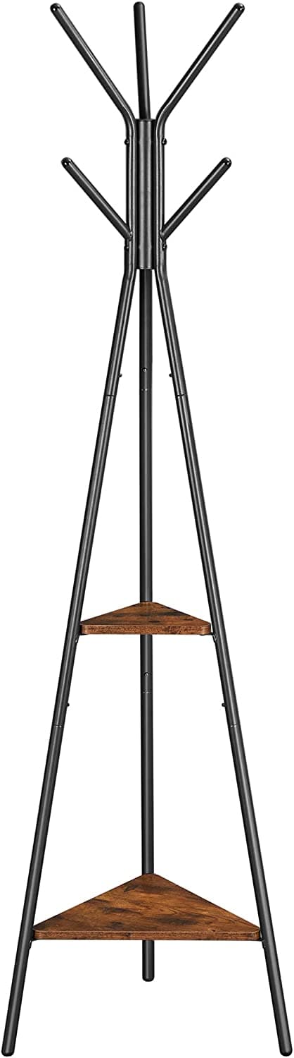 VASAGLE klädhängare Fristående, klädhängare, hallträ med 2 hyllor, för kläder, hatt, väska, industriell stil, rustik brun och svart RCR16BX