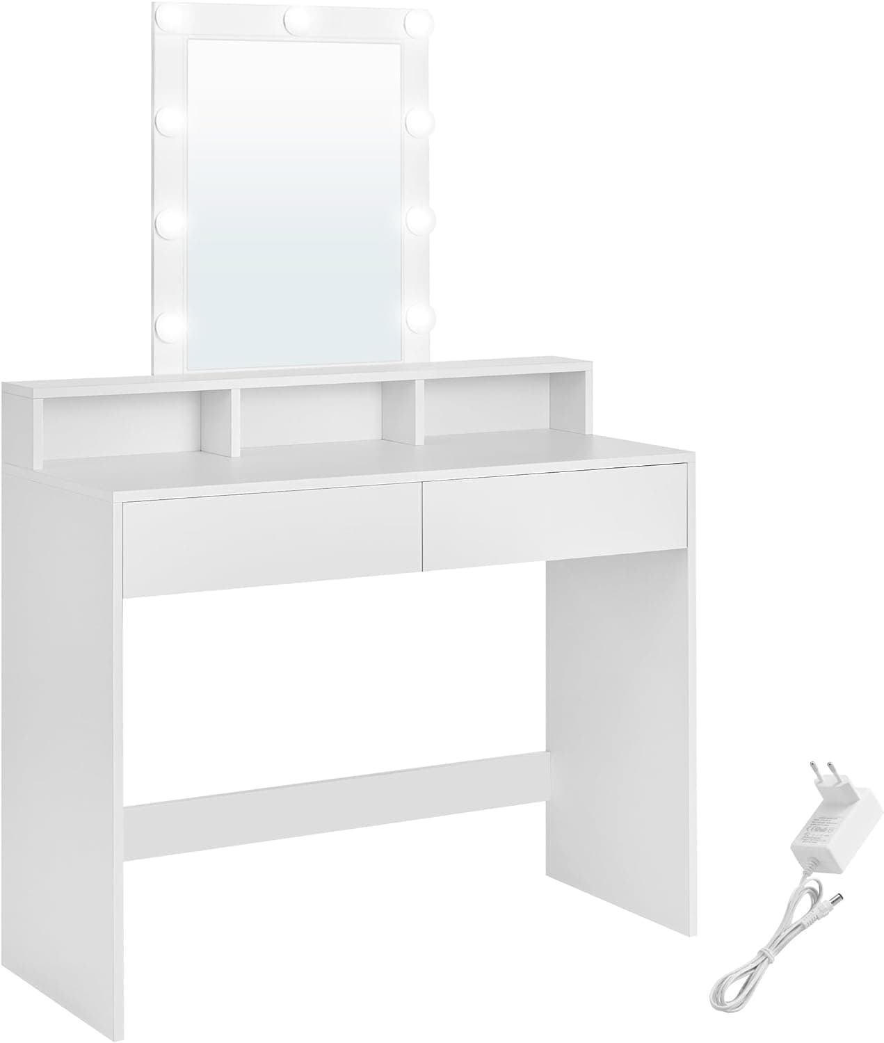 VASAGLE Tvättställsbord, LED-lampa med justerbar ljusstyrka, sminkbord med spegel, 2 lådor och 3 fack, sminkstation, modern, vit RDT164W01