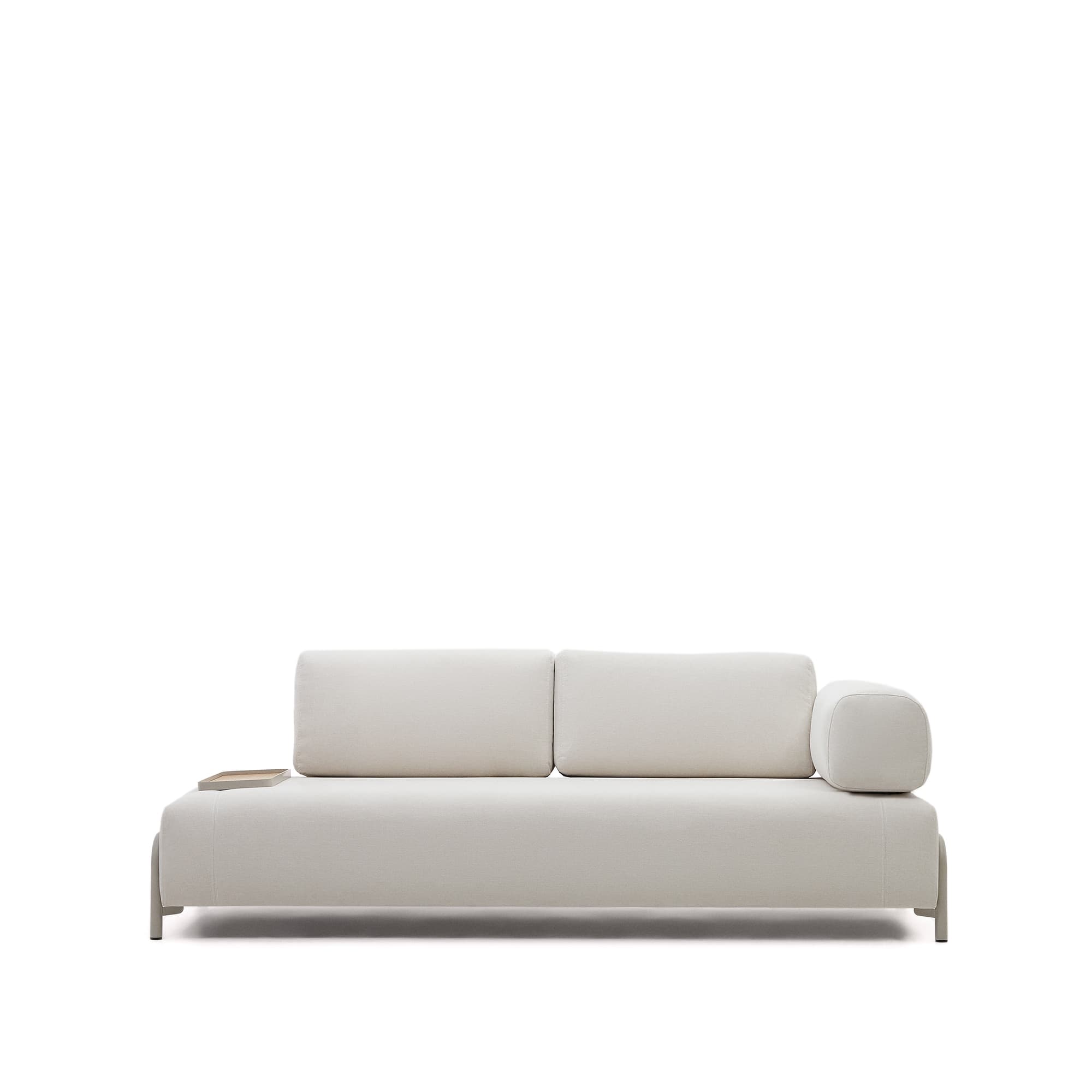 KAVE HOME Compo 3-sits beige chenillesoffa, liten bricka ekfaner och grå metallstruktur 232cm