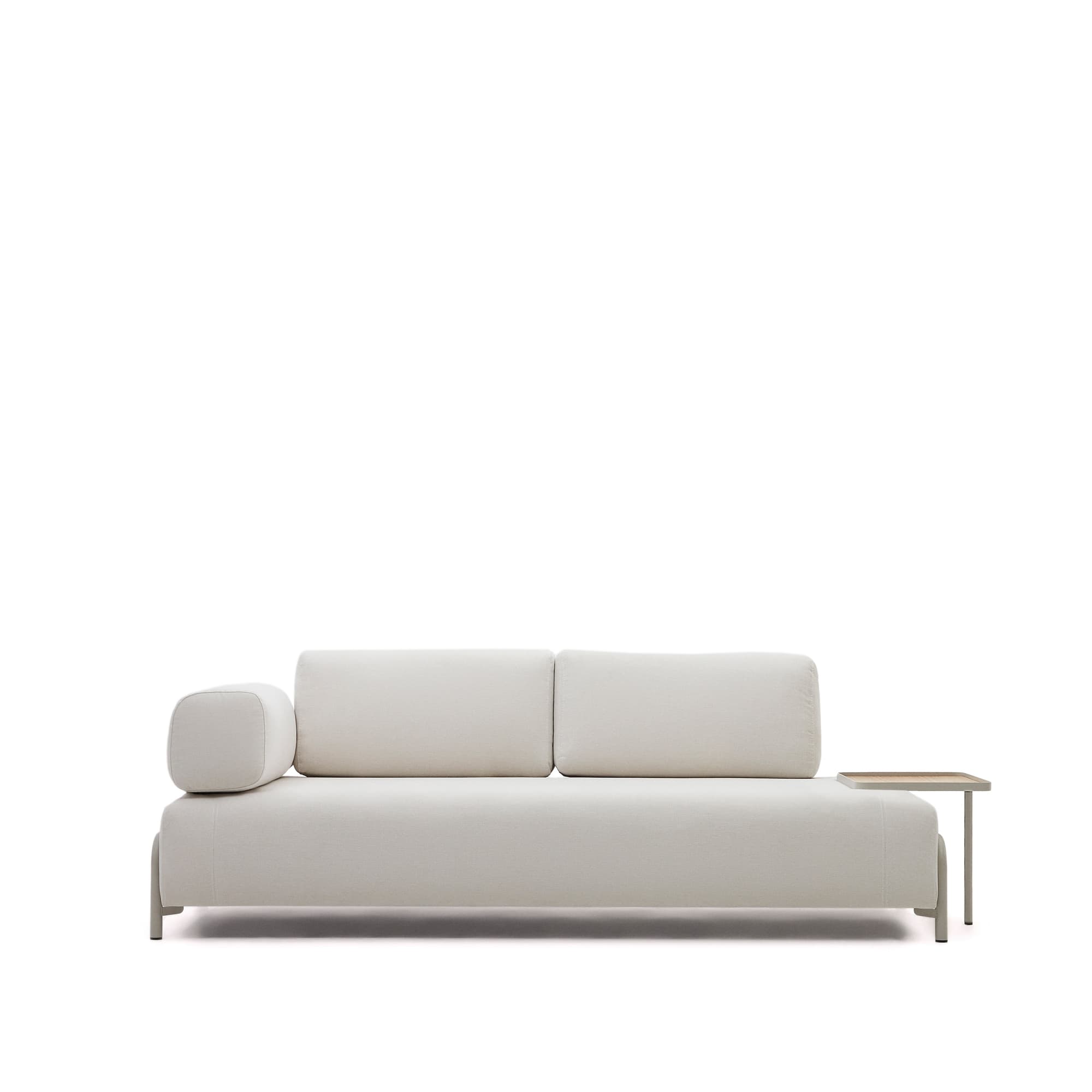 KAVE HOME Compo 3-sits soffa chenillebeige, stor bricka ekfaner och grå metallstruktur 232cm