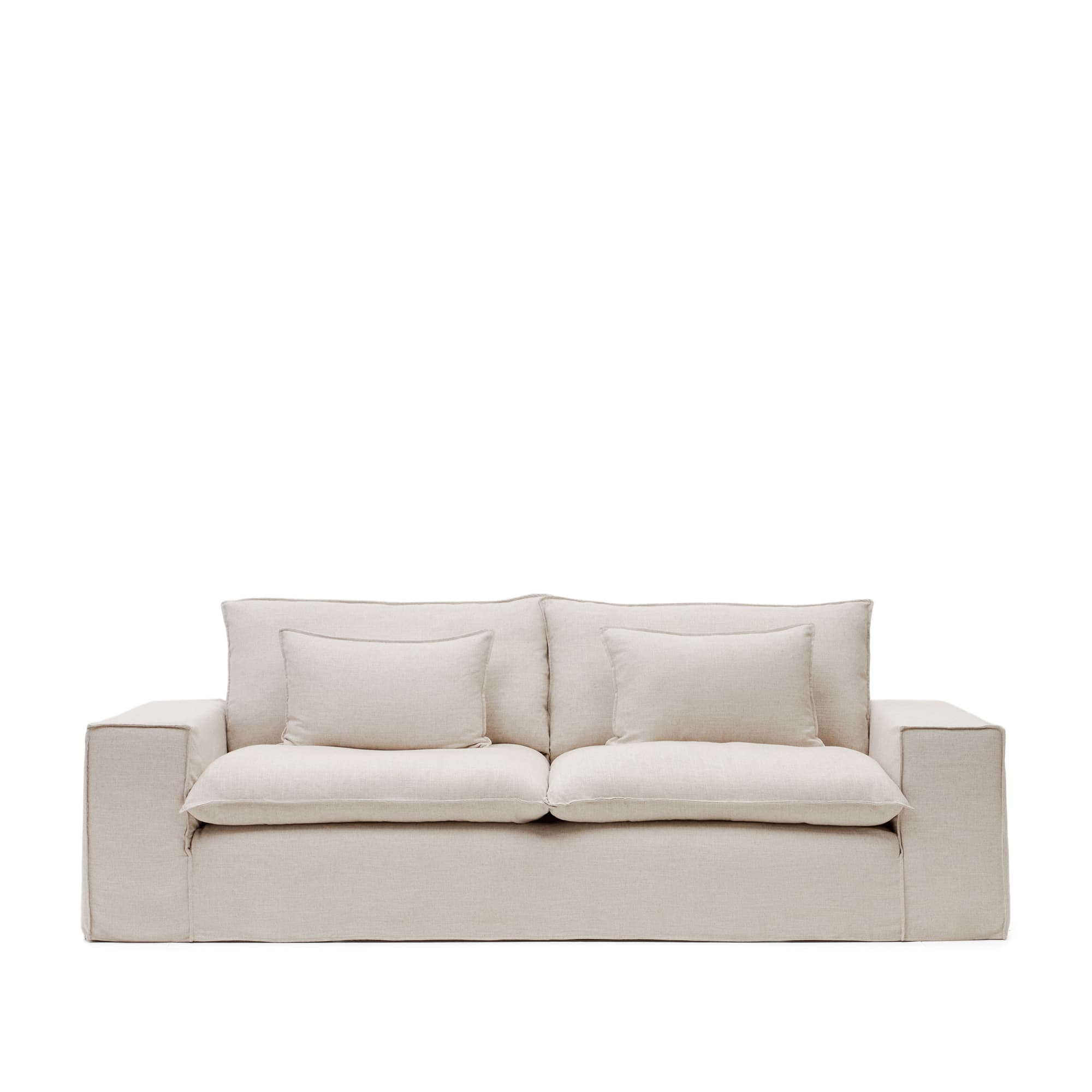 KAVE HOME Anarela 3-sits soffa med avtagbart klädsel och beige linnekuddar, 280 cm