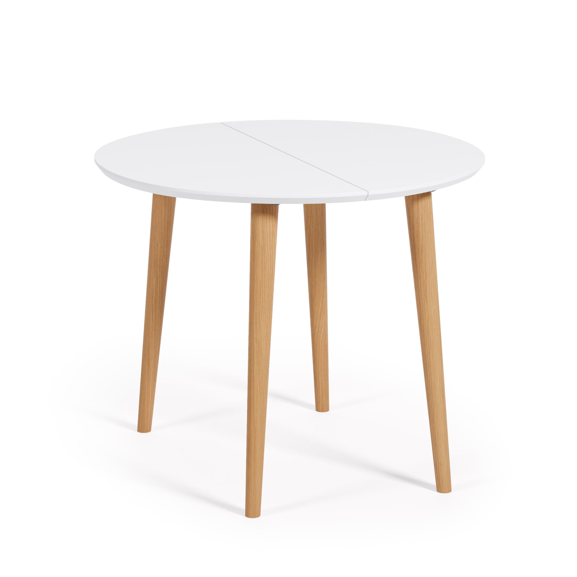 KAVE HOME Oqui utdragbart runt bord i MDF med vit lack och ben i massiv bok, 90 (170) x 90 cm