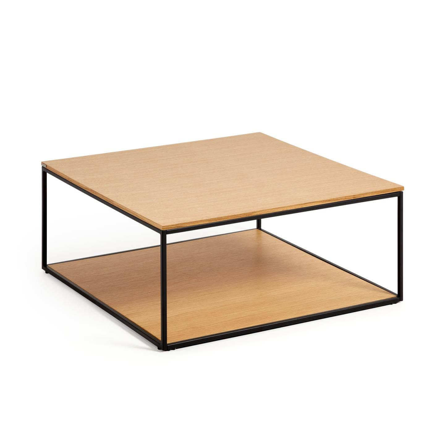 KAVE HOME Yoana soffbord, m. 1 bottenhylla - naturlig ekfaner och svart järn (80x80)