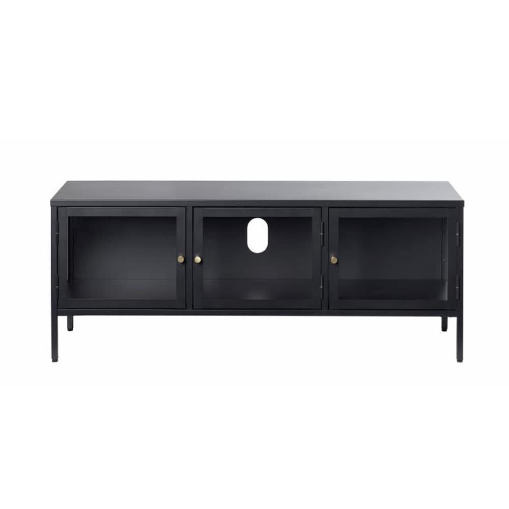UNIQUE FURNITURE Carmel TV-bord, med 3 Luckor - Glas och Svart Metall (132 x 40,3 cm)