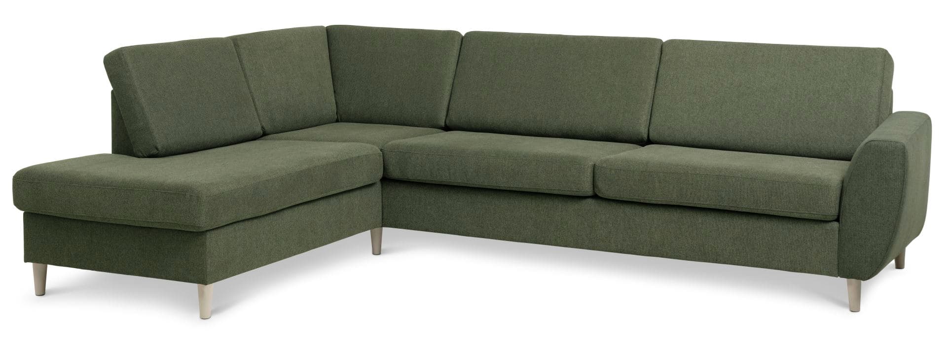 Wendy set 2 OE vänster soffa, m. schäslong - vinter mossgrönt polyestertyg och naturligt trä