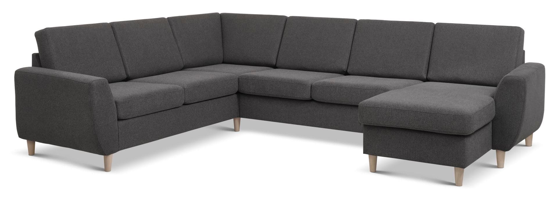 Wendy set 6 U 2C3D soffa, med schäslong - antracitgrå polyestertyg och naturligt trä