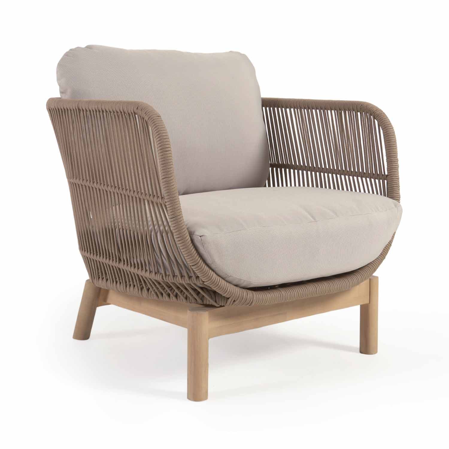 KAVE HOME Catalina trädgårdsstol, med armstöd och kuddar - beige rep och naturligt akaciaträ