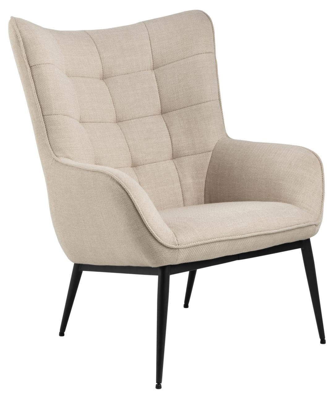 ACT NORDIC Redding fåtölj, med armstöd, tuftning och fyrkantiga sömmar - beige tyg och svart stål