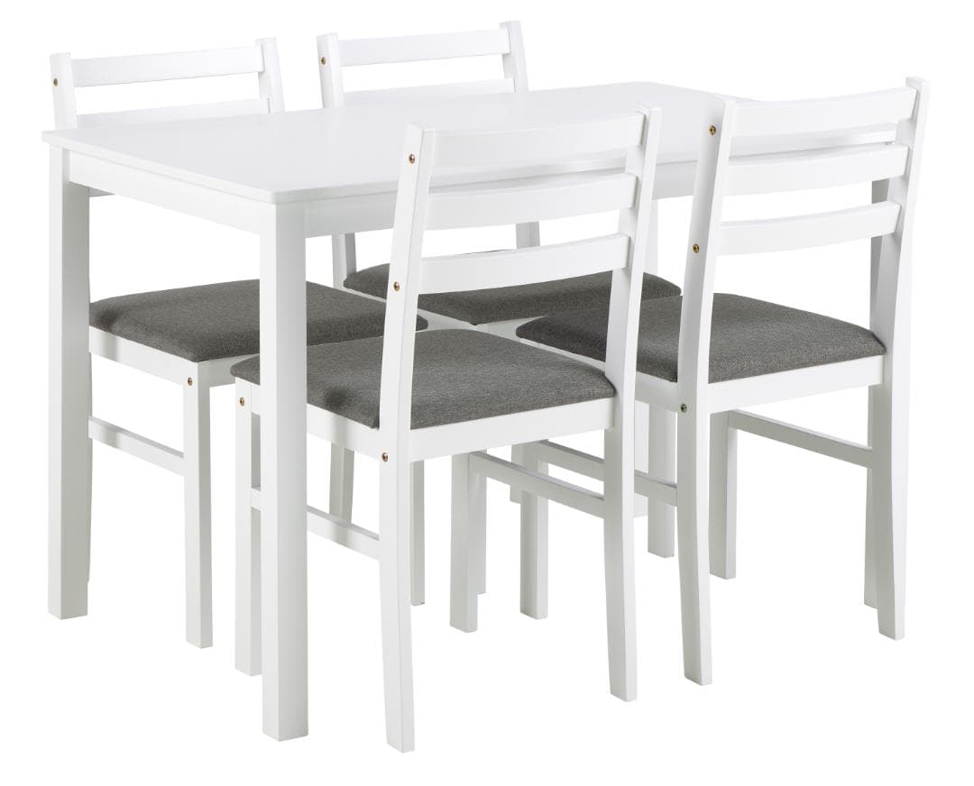 ACT NORDIC Alicante matbordsset, 1 matbord, 4 matstolar - ljusgrått tyg, vit MDF/gummiträ