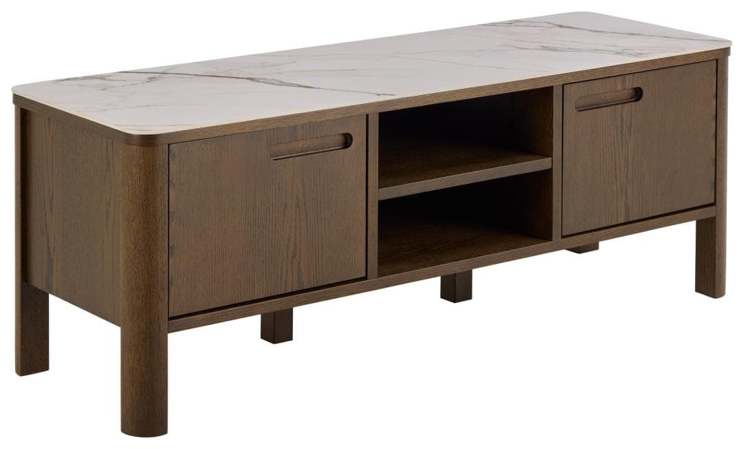 ACT NORDIC Southampton TV-bord, Skiva krämpolerad keramik, Stomme, 2 dörrar, Hylla och stomme rökfärgad lackad ekfaner med organisk kant och öppen yta, 120x40x45 cm