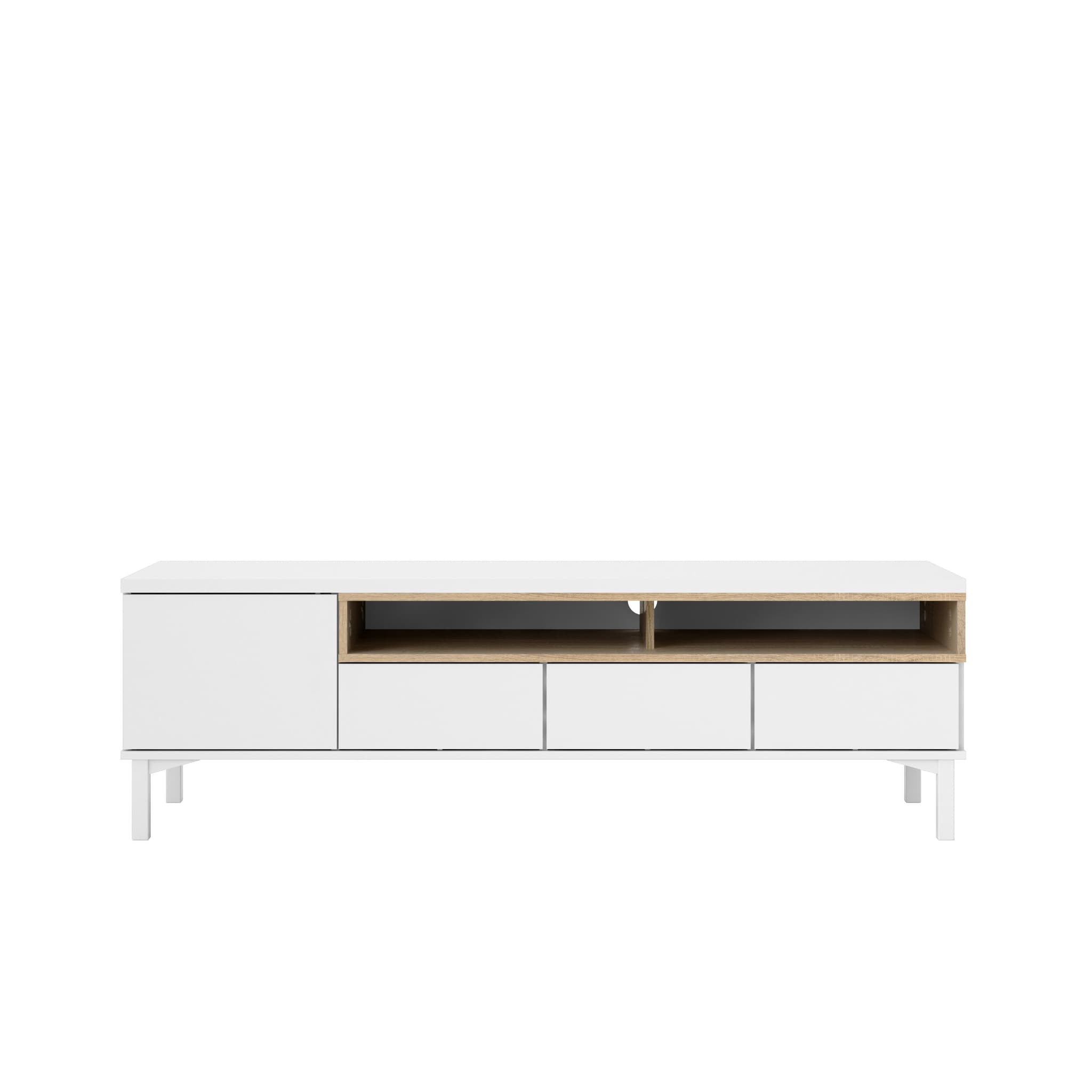 TVILUM Roomers TV-bord - vit / ek struktur, med 1 dörr och 3 lådor (156 cm)