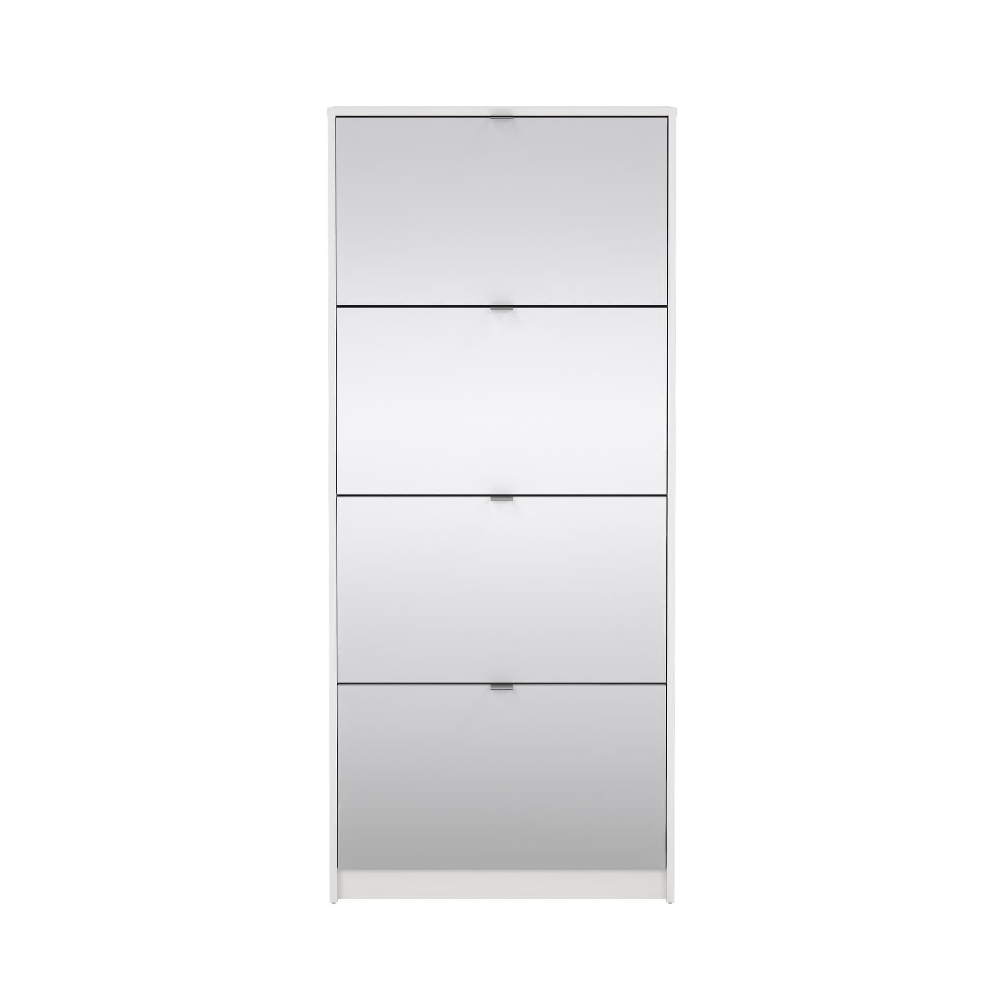 TVILUM Shoe Skoskåp - Vit / Glas Trä / Spegelglas, med 4 Spegelvikdörrar och 2 Fack
