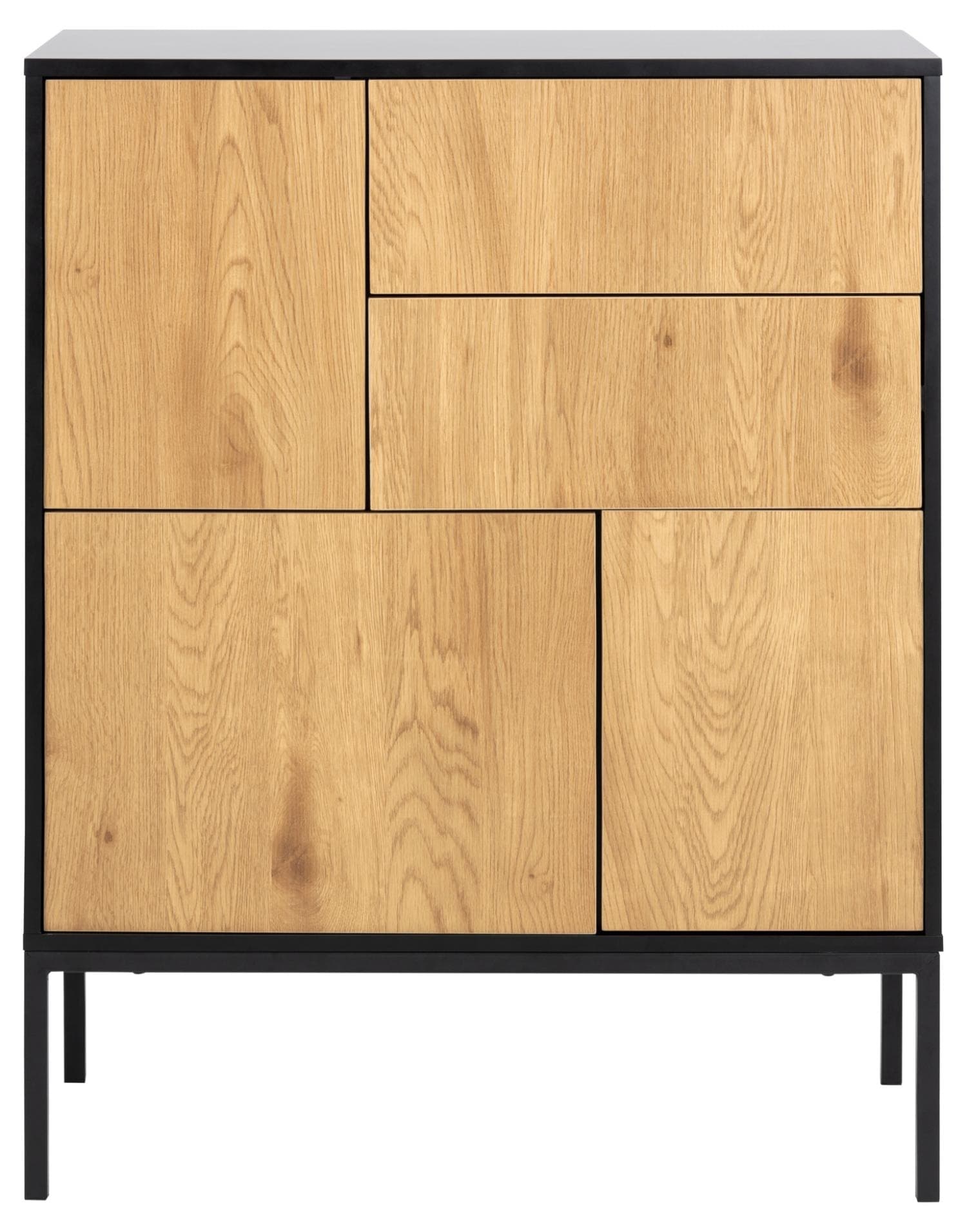 ACT NORDIC Seaford skänk, m. 3 luckor och 2 lådor - naturligt vild ekpapper och svart MDF/metall