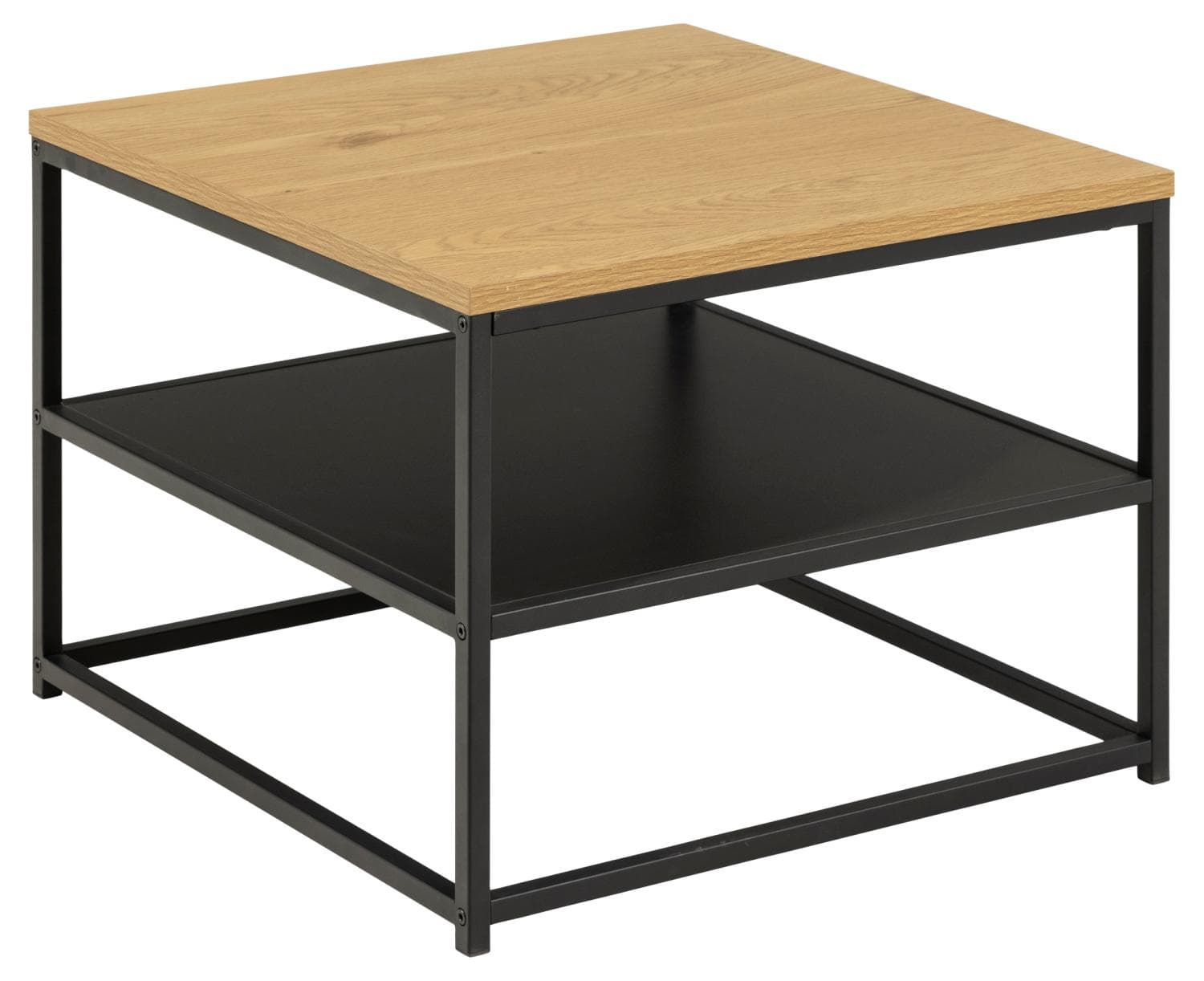 ACT NORDIC Gila sofabord, m. 1 hylla, fyrkantig - naturlig vild ek/svart melamin, svart metall (55x55)