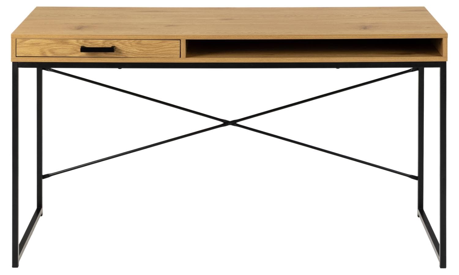 ACT NORDIC Seaford skrivbord, w. 1 fack och 1 låda - naturlig vild ek melamin och svart metall (140x58)