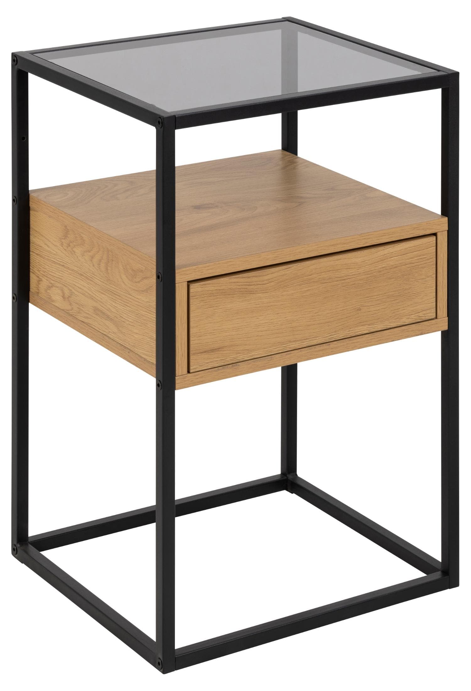 ACT NORDIC Randolf sängbord, m. 1 hylla och 1 låda - rökt glas, naturlig melamin, svart metall (40x35)