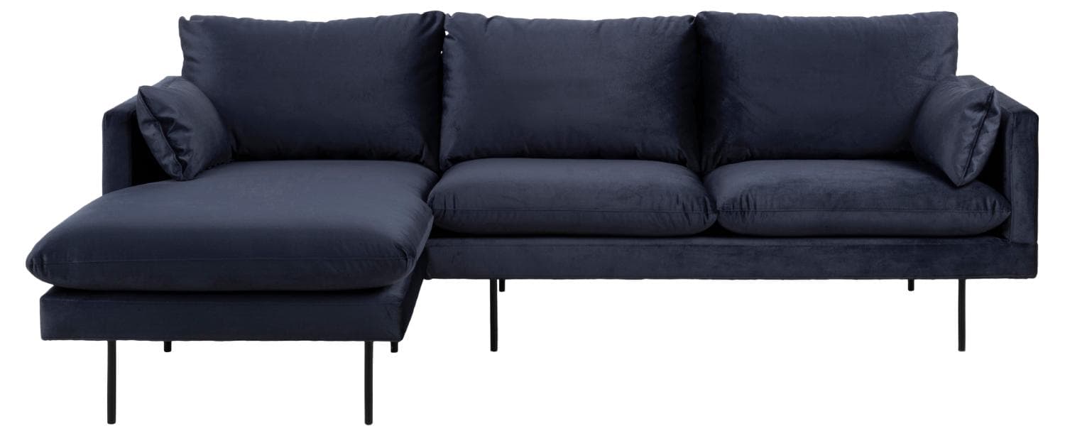 SOFFKONCEPT Mysig 2-personers soffa, med vänster schäslong och 2 kuddar - mörkblått tyg och svart metall