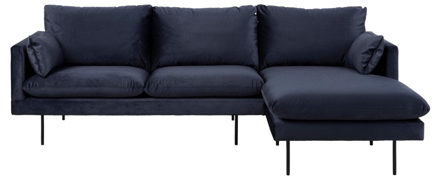 SOFFKONCEPT Mysig 2-personers soffa, med höger schäslong och 2 kuddar - mörkblått tyg och svart metall