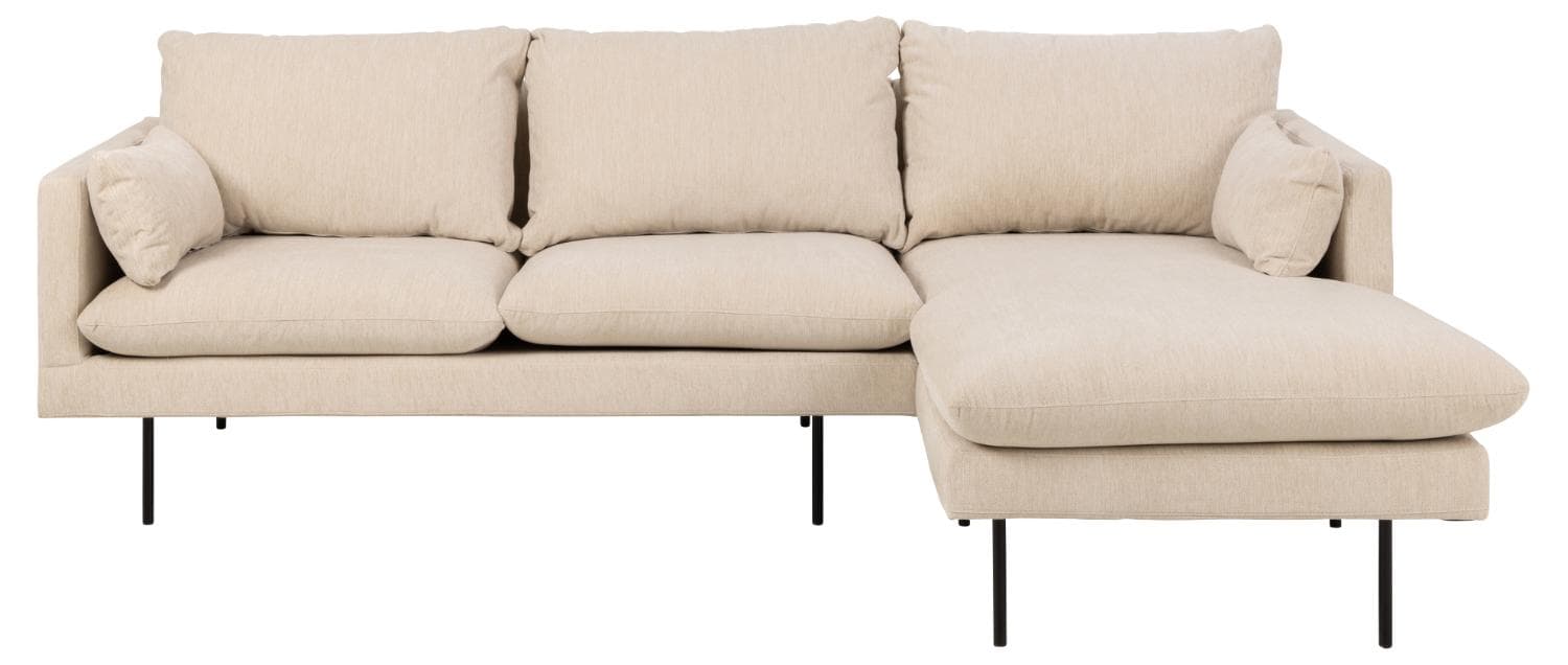 SOFFKONCEPT Mysig 2-personers soffa, med höger schäslong och 2 kuddar - krämtyg och svart metall