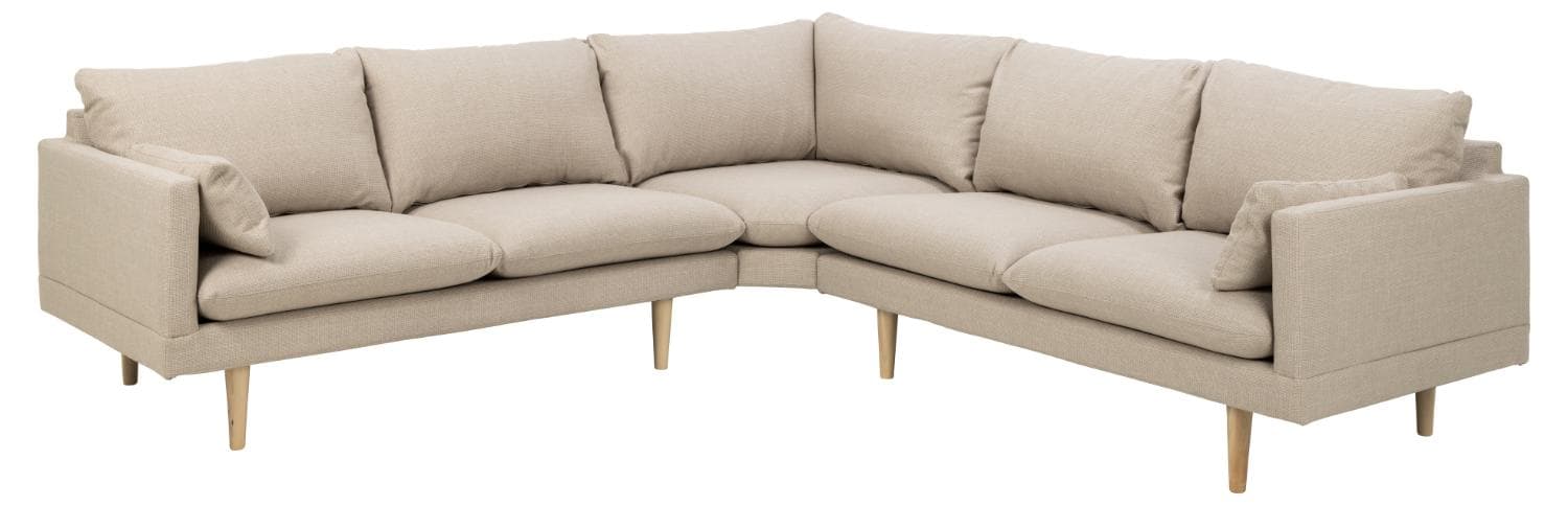 SOFFKONCEPT Mysig hörnsoffa, m. 2 kuddar - beige tyg och naturbok