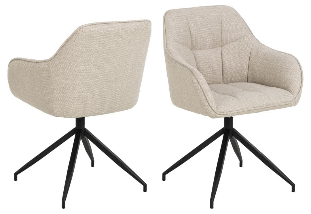 ACT NORDIC Brenda matbordsstol, med armstöd och vridfunktion - beige tyg och svart metall